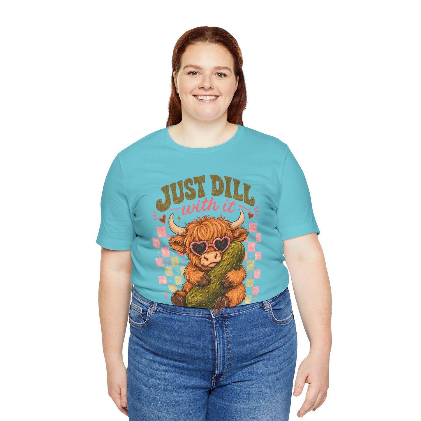 Just Dill With It Tee — Cute Highland Cow Hugging Pickle Graphic T‑Shirt