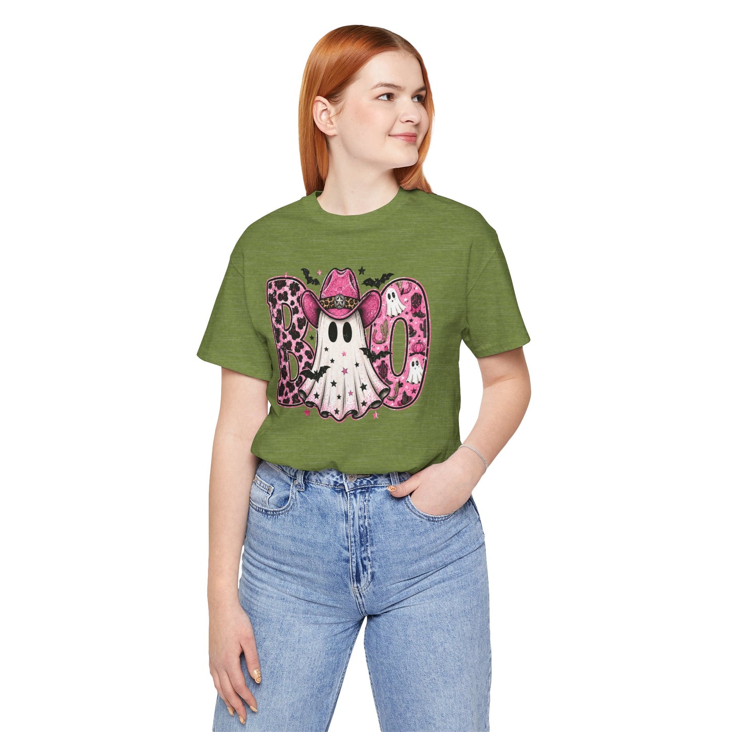 Boo Pink Leopard Ghost Tee — Cute Cowgirl Halloween T-Shirt