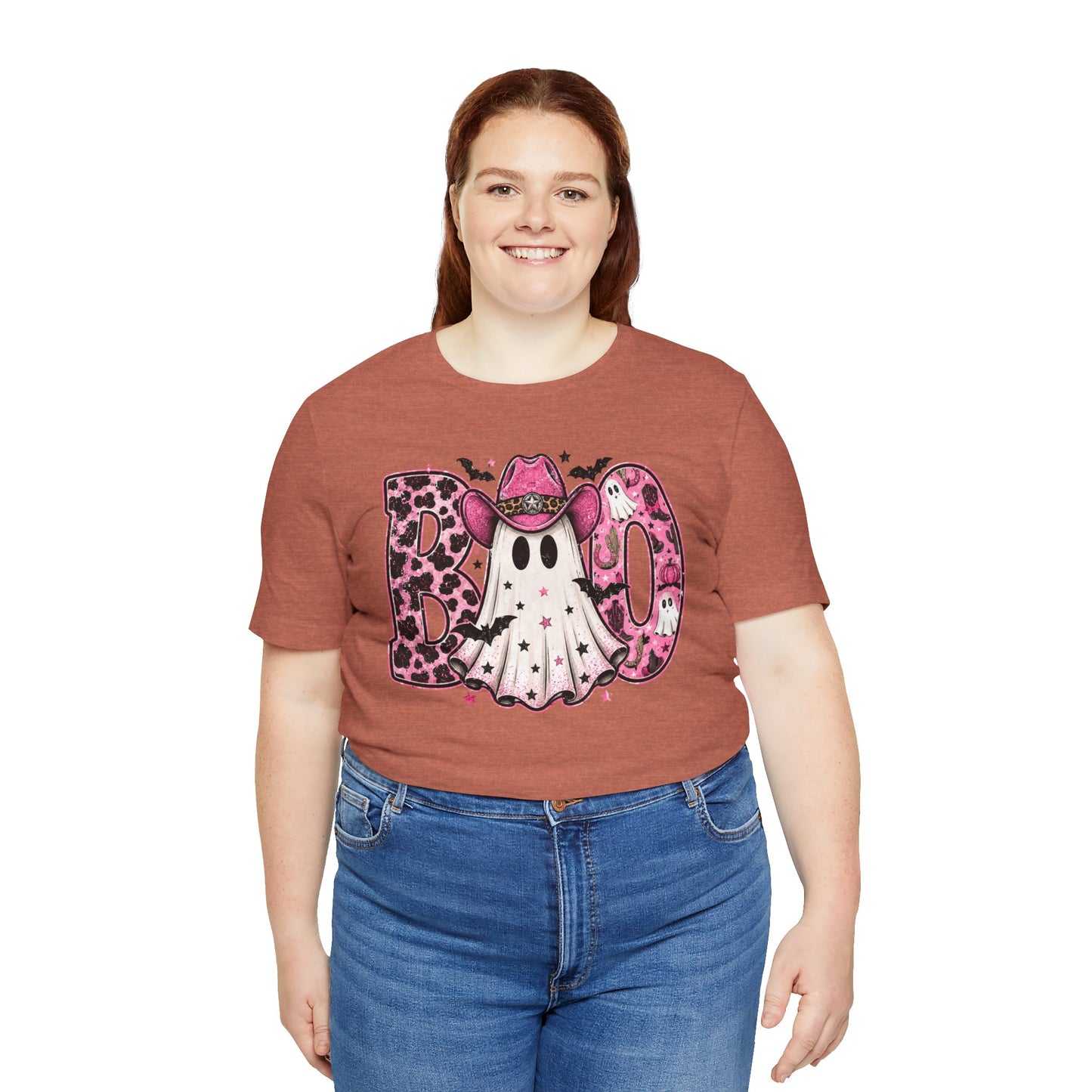 Boo Pink Leopard Ghost Tee — Cute Cowgirl Halloween T-Shirt