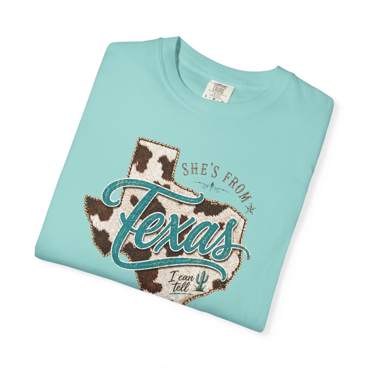 Texas Cowhide Graphic T-Shirt — "She's From Texas" Retro Western Tee