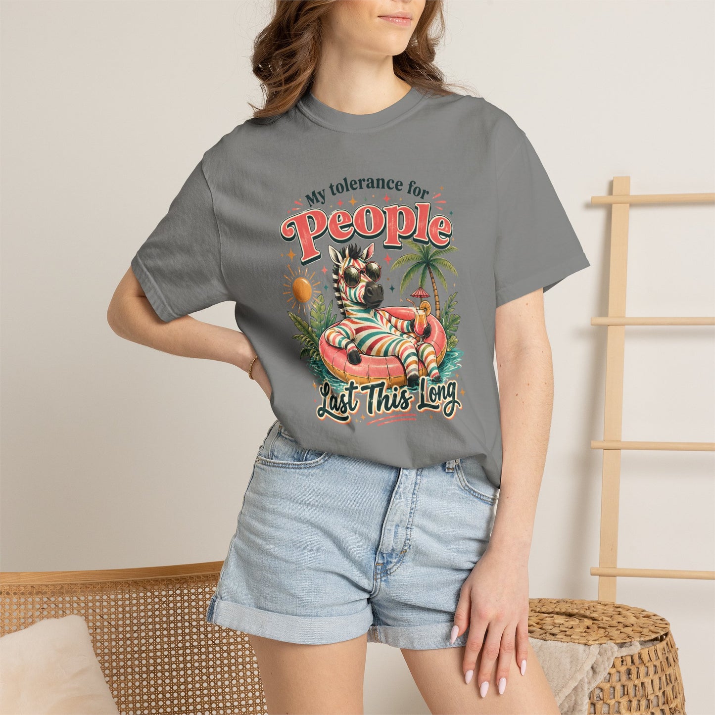 "My Tolerance for People Lasts This Long" Retro Cat Pool Float Graphic Tee