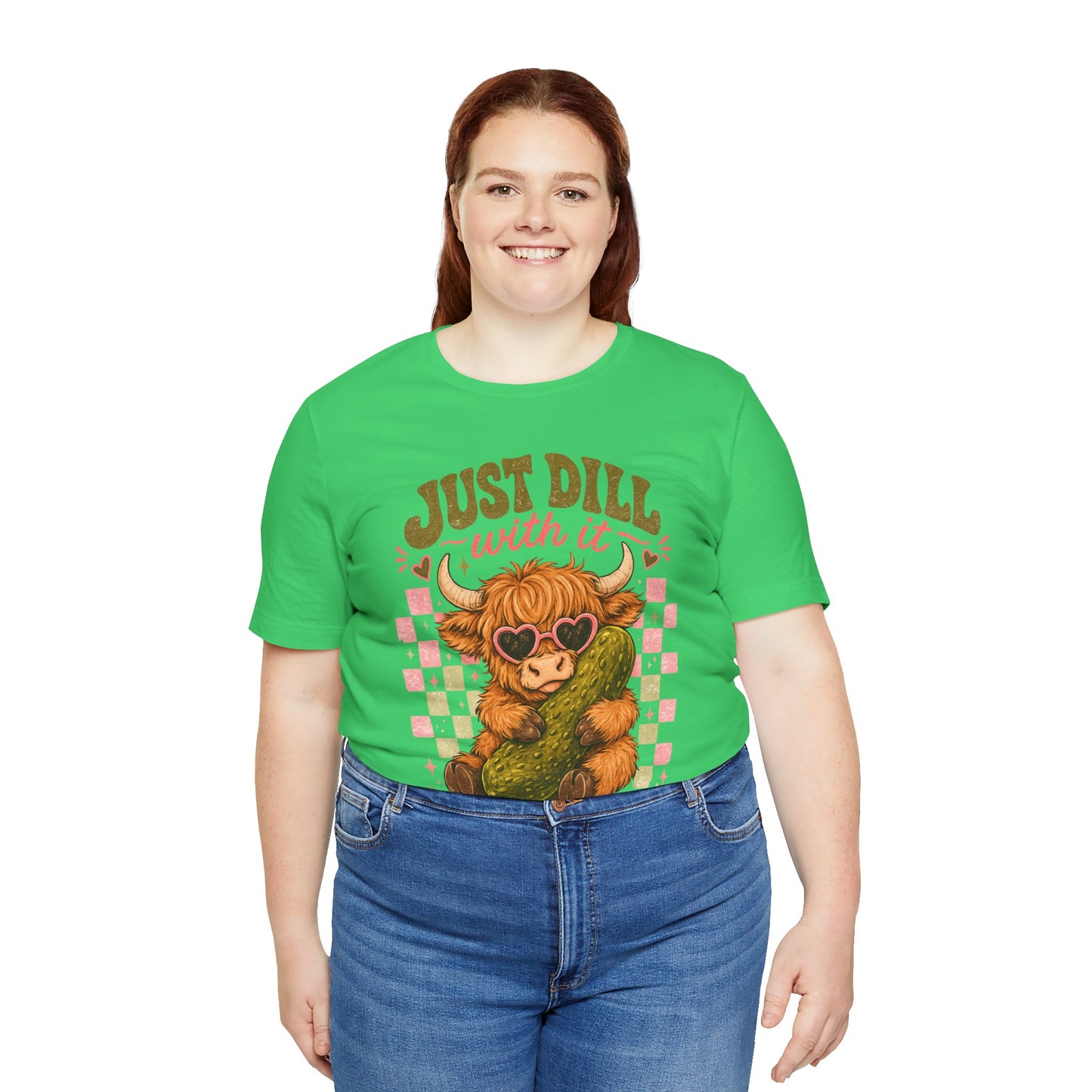 Just Dill With It Tee — Cute Highland Cow Hugging Pickle Graphic T‑Shirt