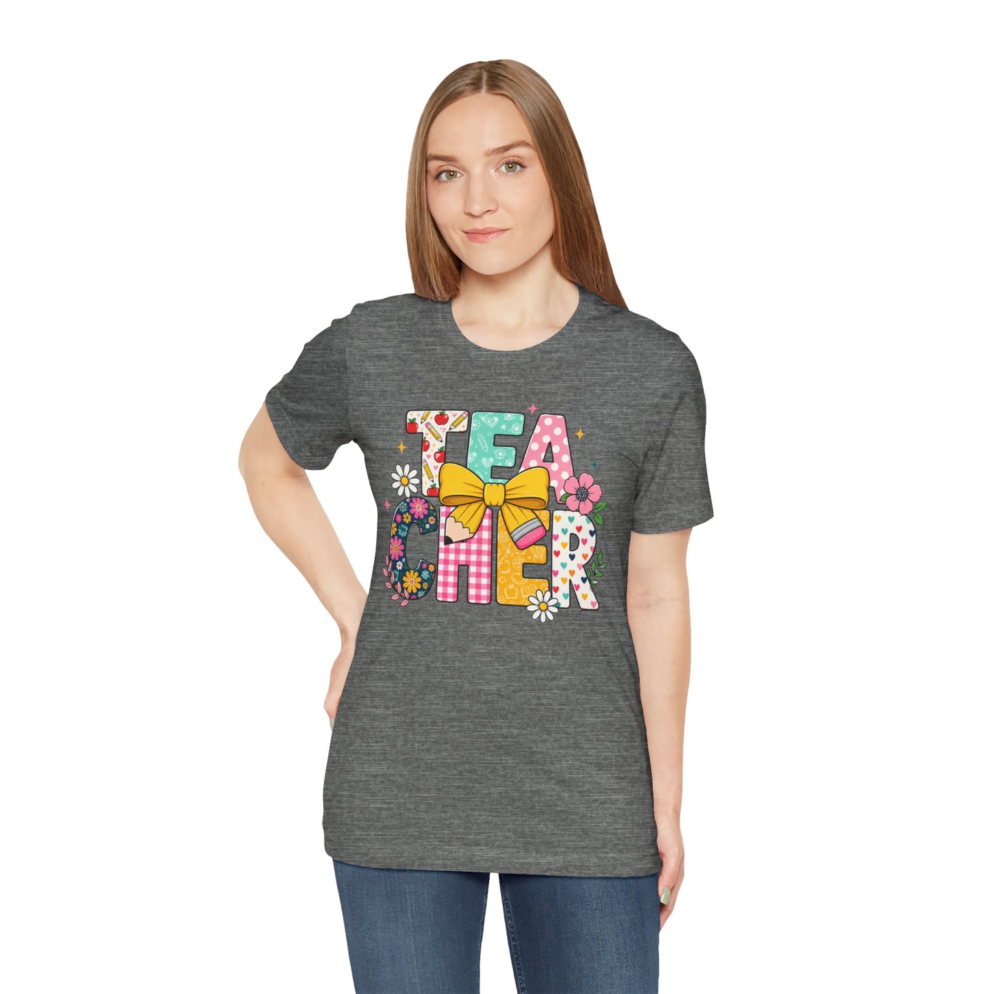 Teacher Floral Bow T-Shirt — Cute 'Teach er' Colorful School Shirt for Teachers
