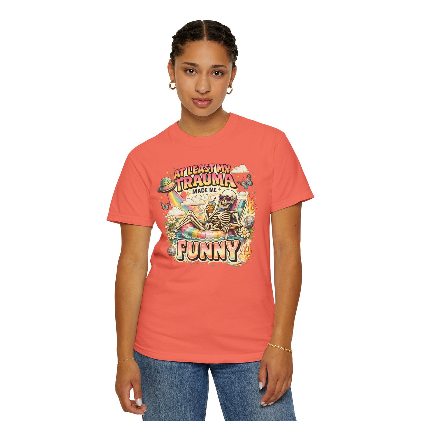 Funny Skeleton Graphic T-Shirt — "At Least My Trauma Made Me Funny"