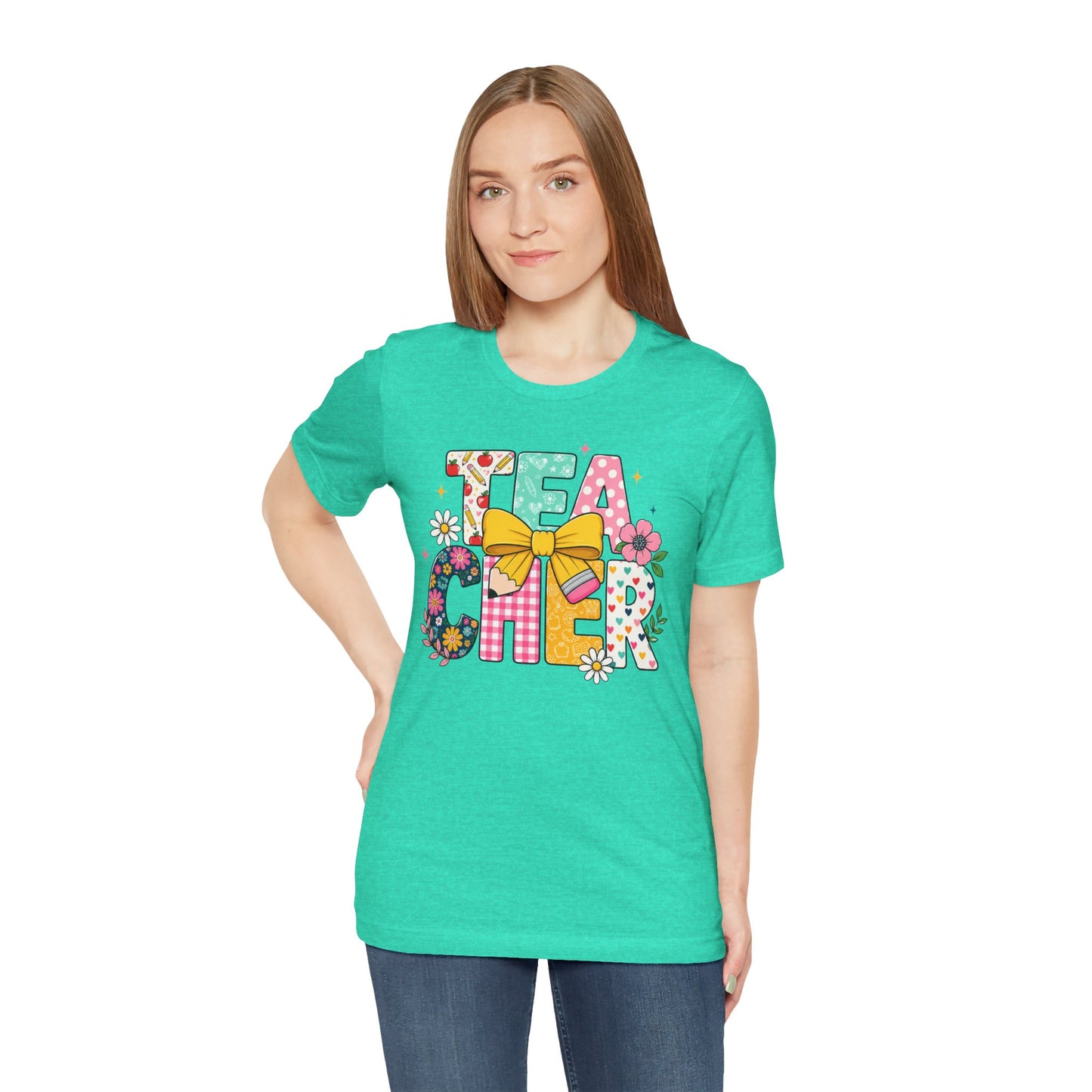 Teacher Floral Bow T-Shirt — Cute 'Teach er' Colorful School Shirt for Teachers