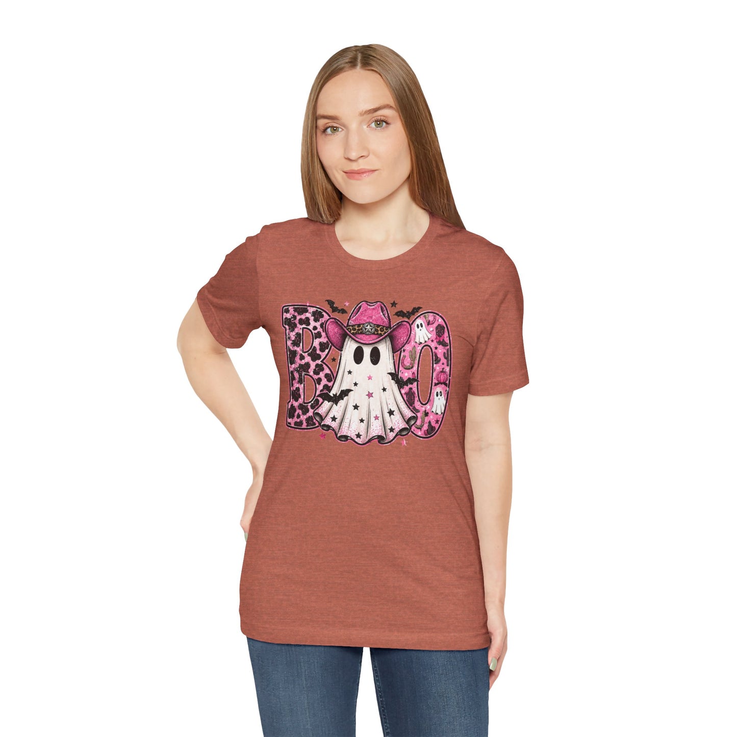Boo Pink Leopard Ghost Tee — Cute Cowgirl Halloween T-Shirt
