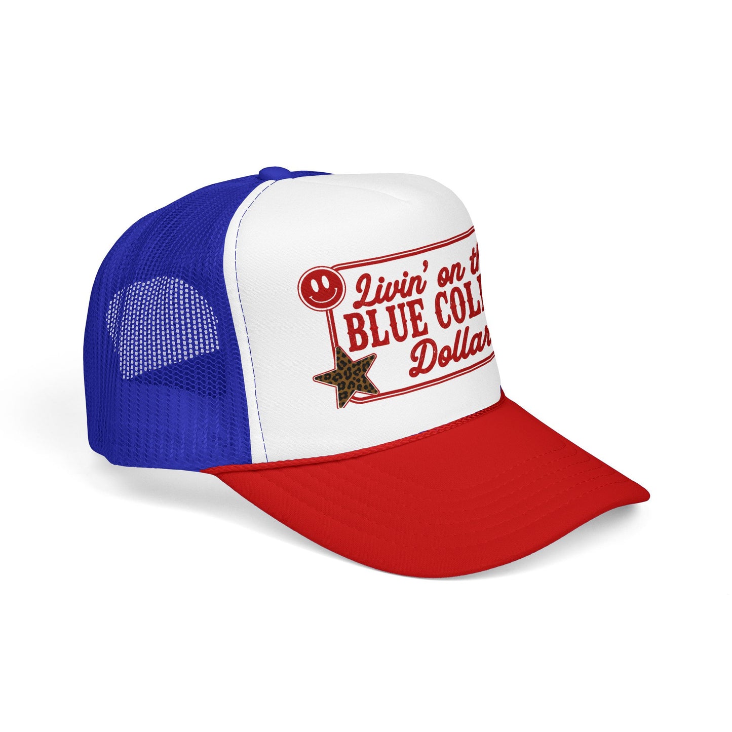 Livin' On That Blue Collar Dollar Foam Trucker Hat — Retro Workwear Cherry Patch