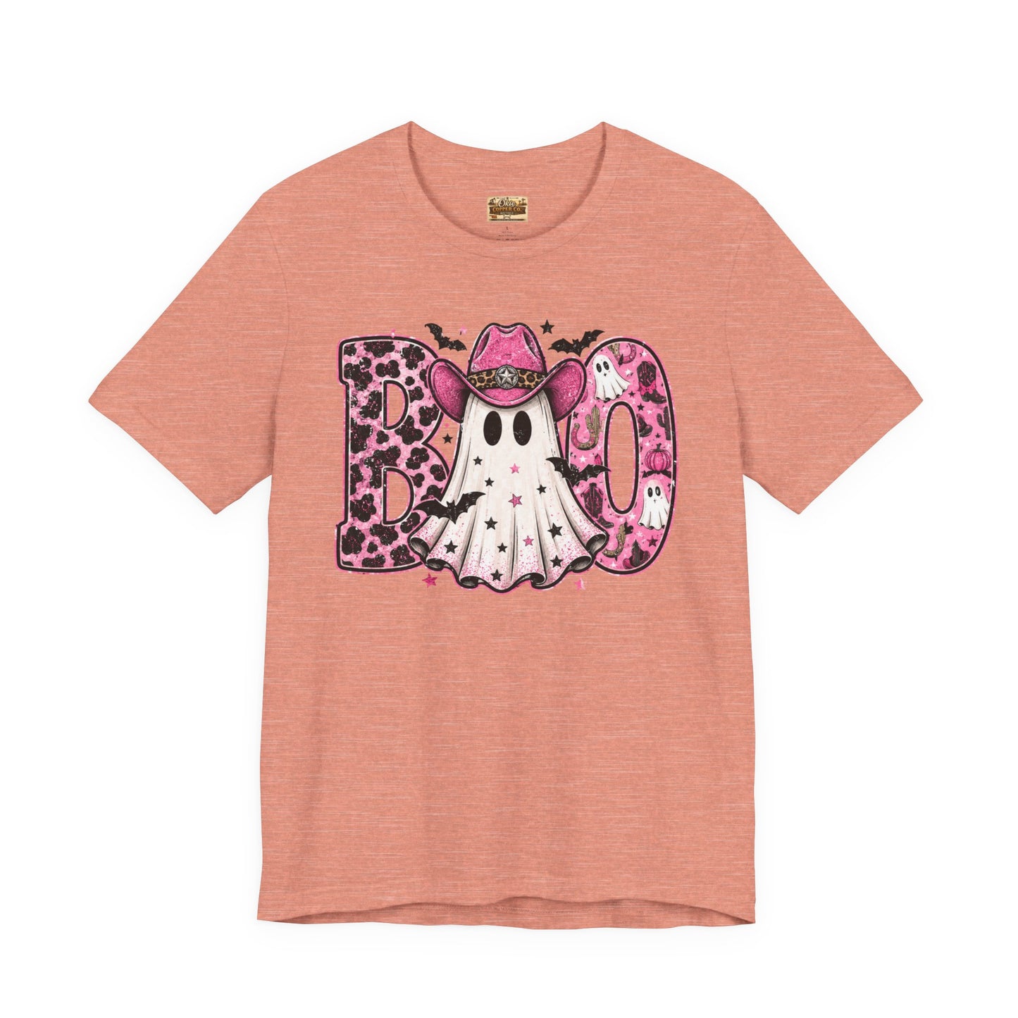 Boo Pink Leopard Ghost Tee — Cute Cowgirl Halloween T-Shirt