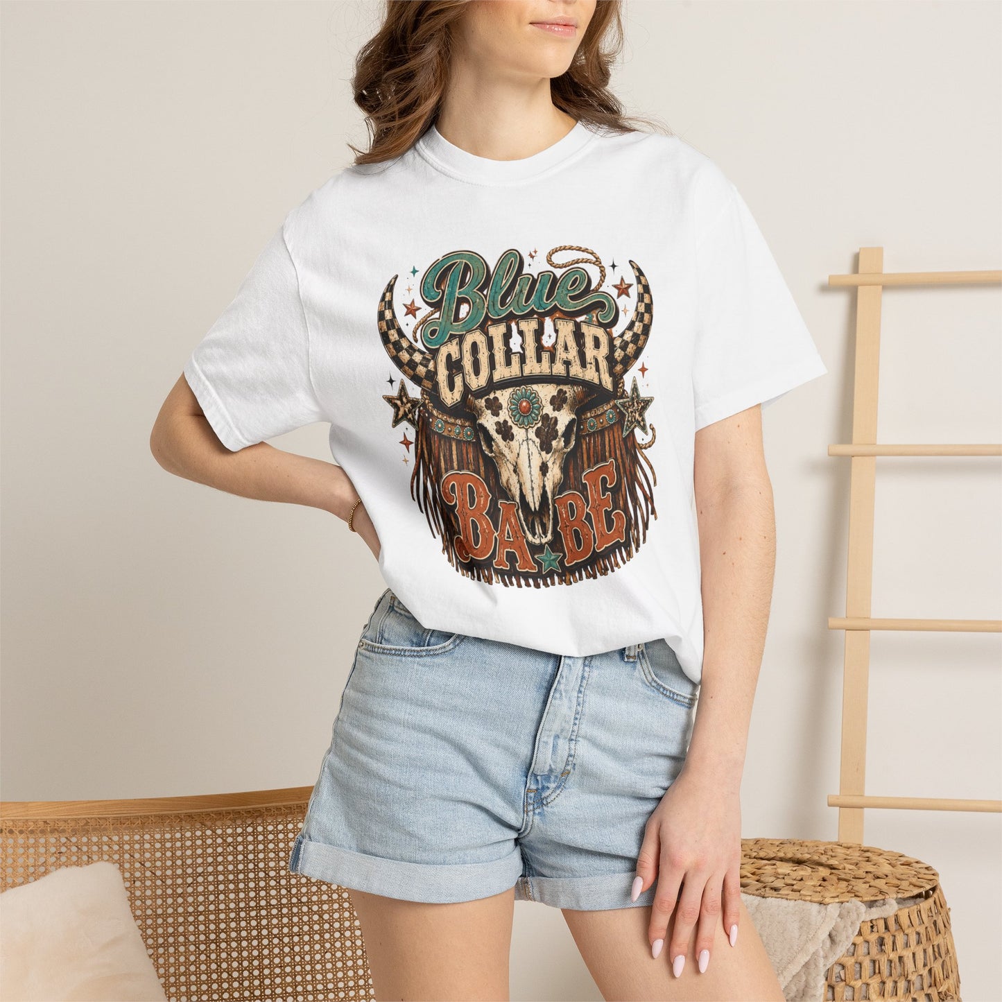 Blue Collar Babe Graphic T-Shirt — Western Skull Cowgirl Tee