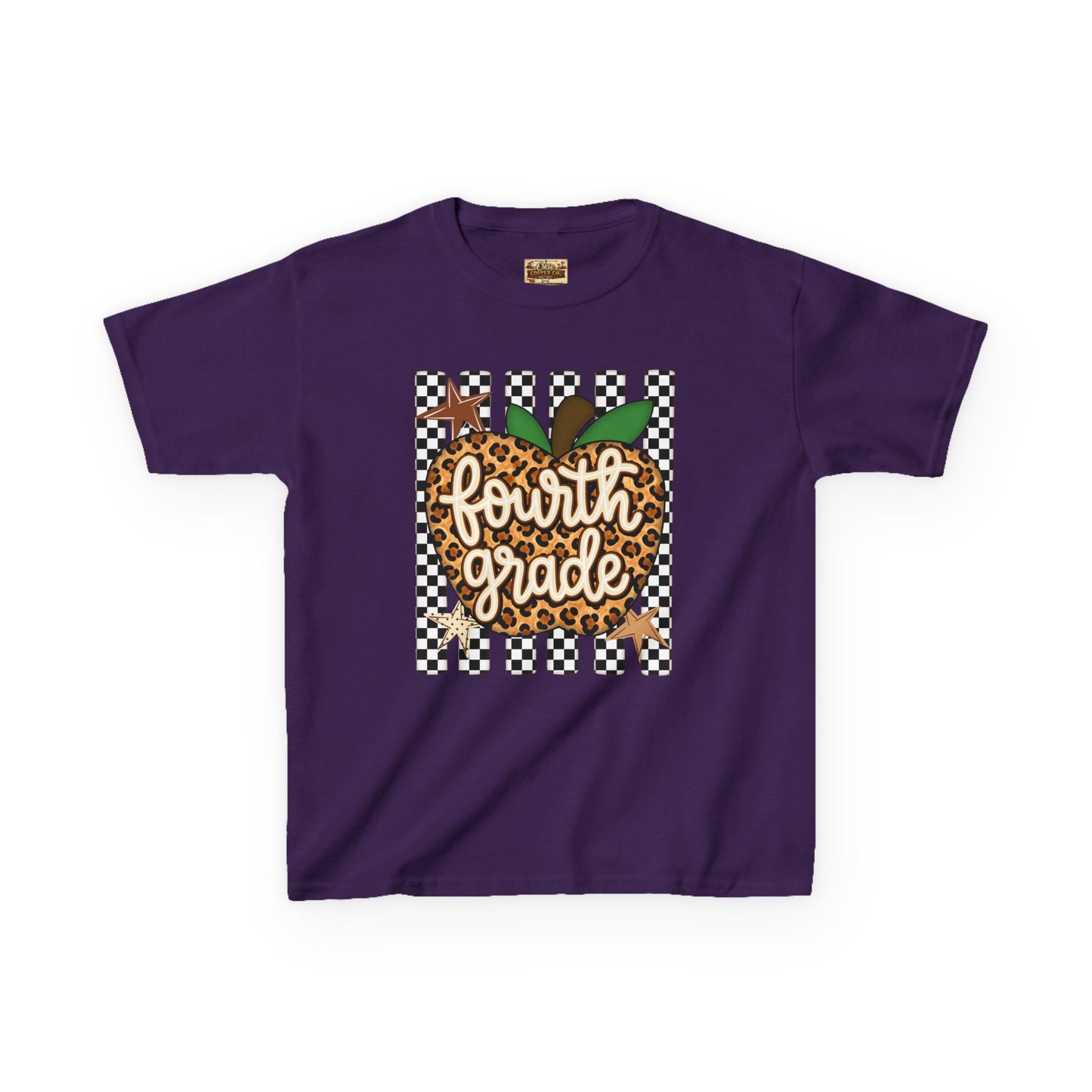 Fourth Grade Apple Kids T‑Shirt — Leopard & Checkerboard Back-to-School Tee