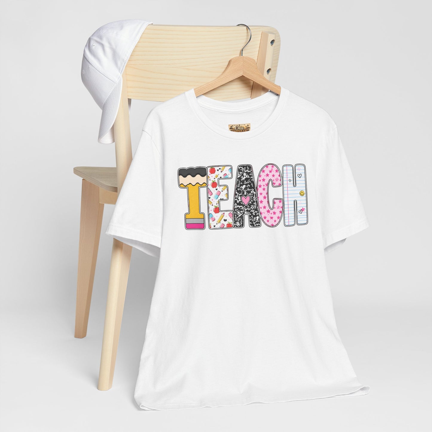Teach Colorblock Graphic Tee – Cute Patterned Teacher T-Shirt