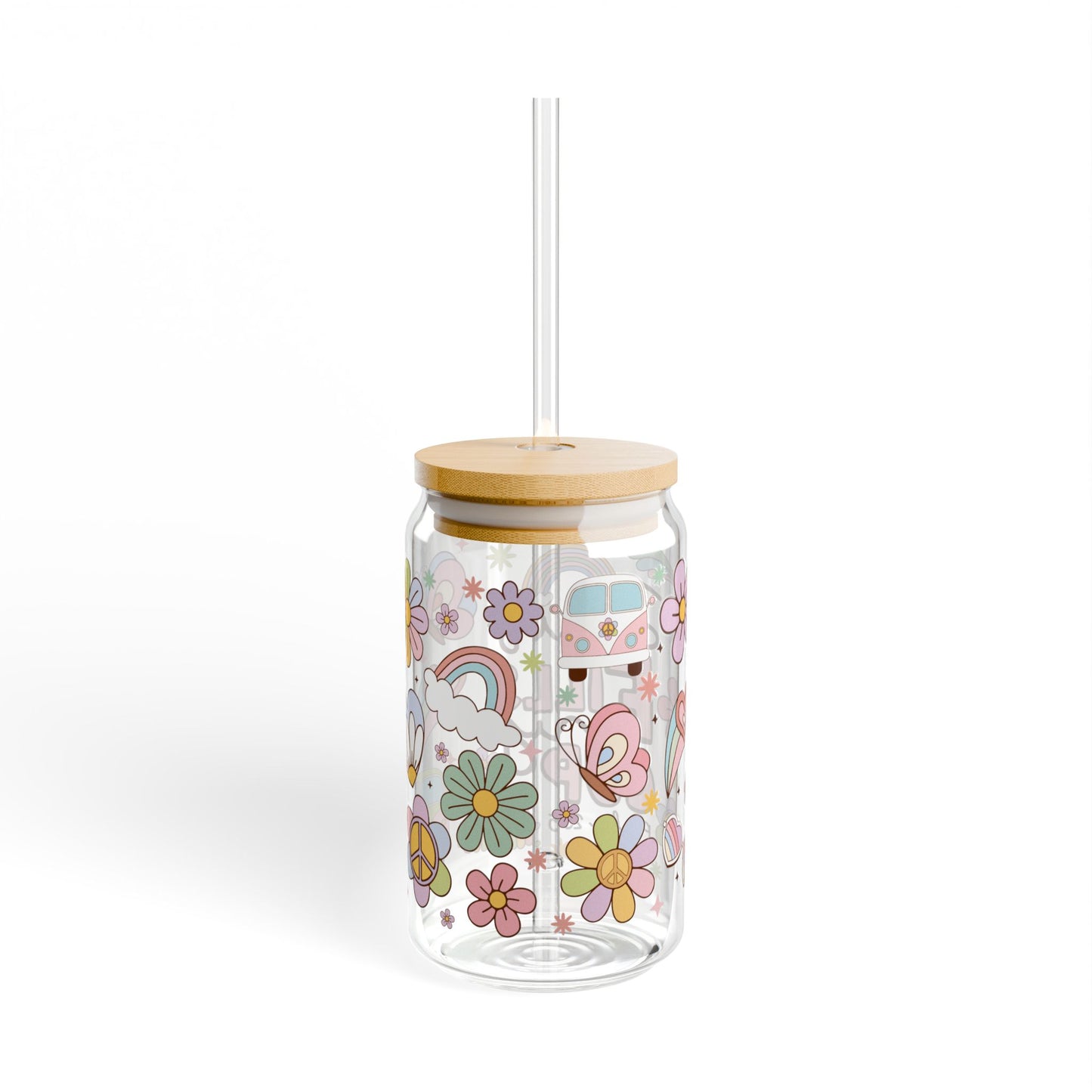 Jesus Fills My Cup 16oz Glass Sipper — Faith-Inspired Rainbow & Floral Tumbler