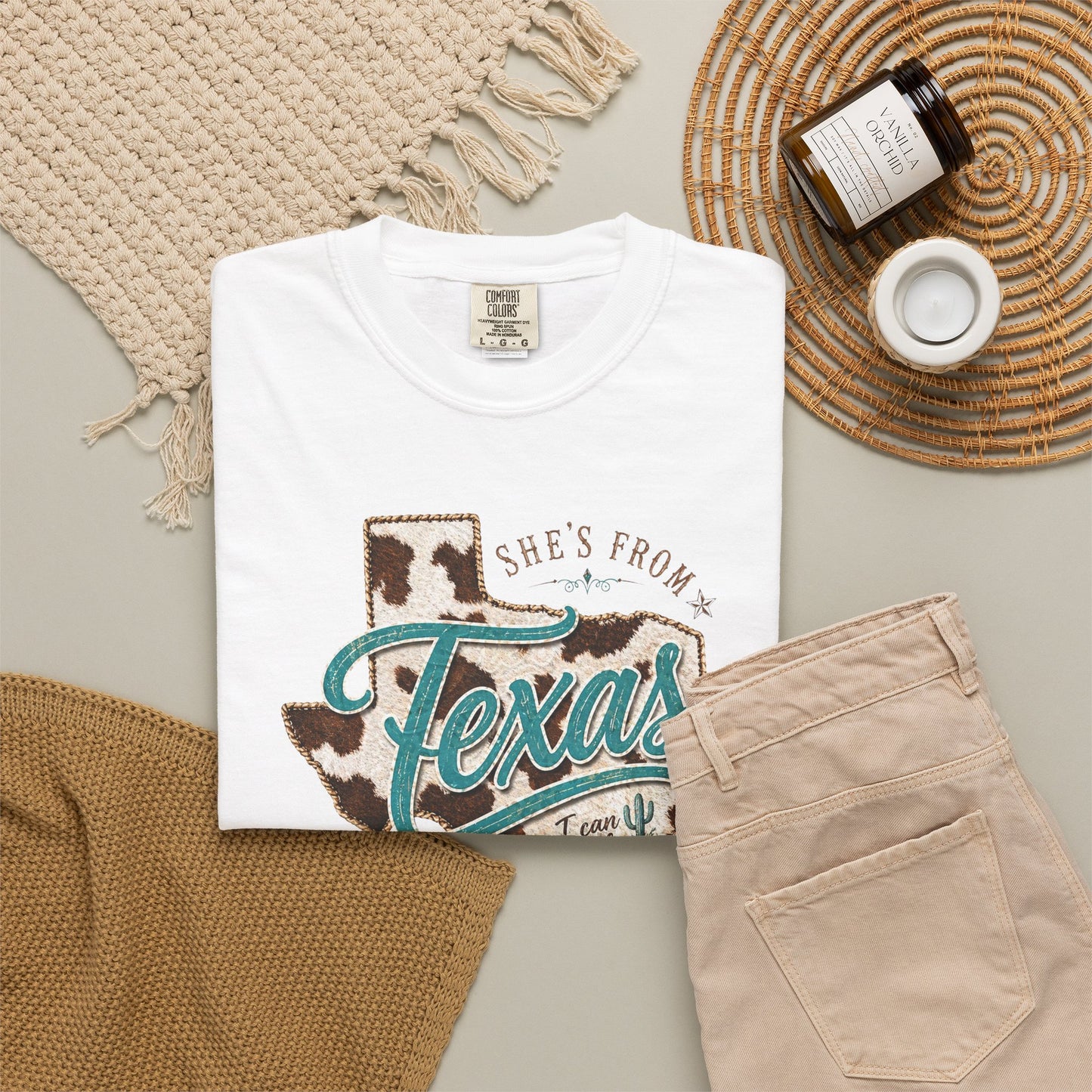 Texas Cowhide Graphic T-Shirt — "She's From Texas" Retro Western Tee
