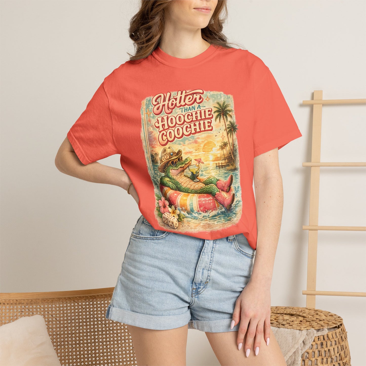 "Hotter Than a Hoochie Coochie" Retro Alligator Beach Graphic