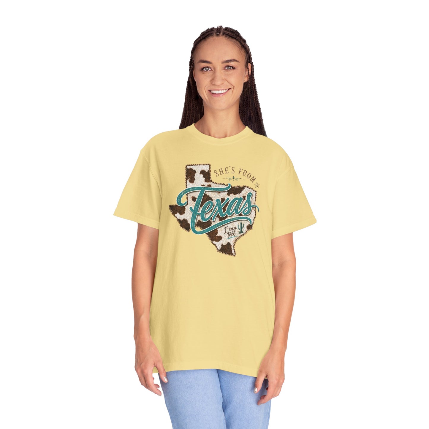 Texas Cowhide Graphic T-Shirt — "She's From Texas" Retro Western Tee