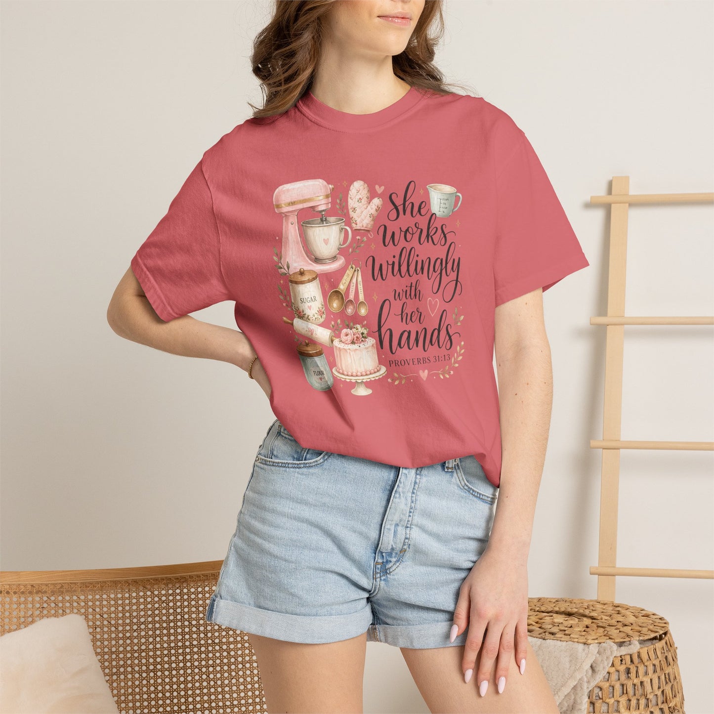 Baker’s Kitchen T-Shirt — “She Works Willingly With Her Hands” Floral Baking Design