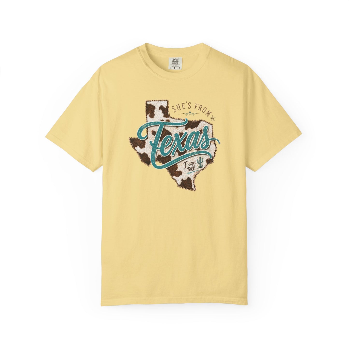 Texas Cowhide Graphic T-Shirt — "She's From Texas" Retro Western Tee