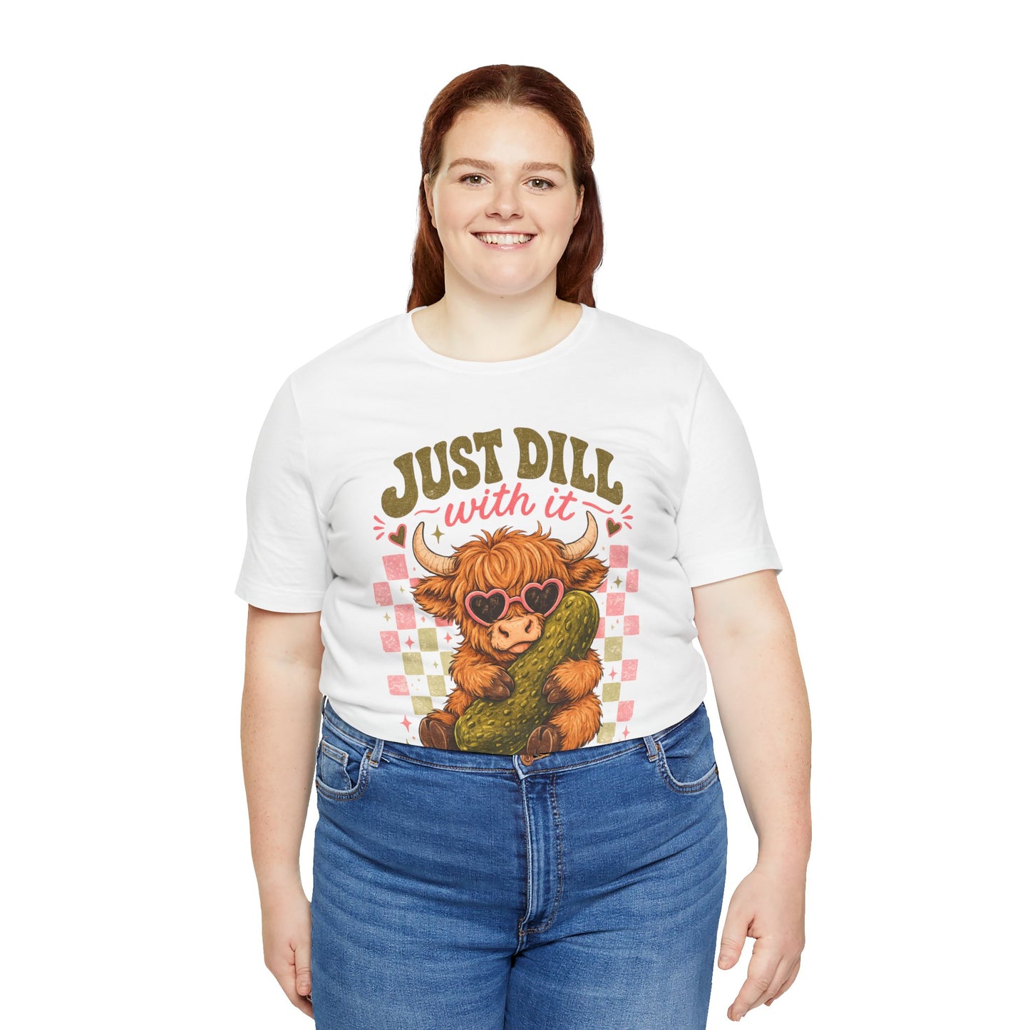 Just Dill With It Tee — Cute Highland Cow Hugging Pickle Graphic T‑Shirt