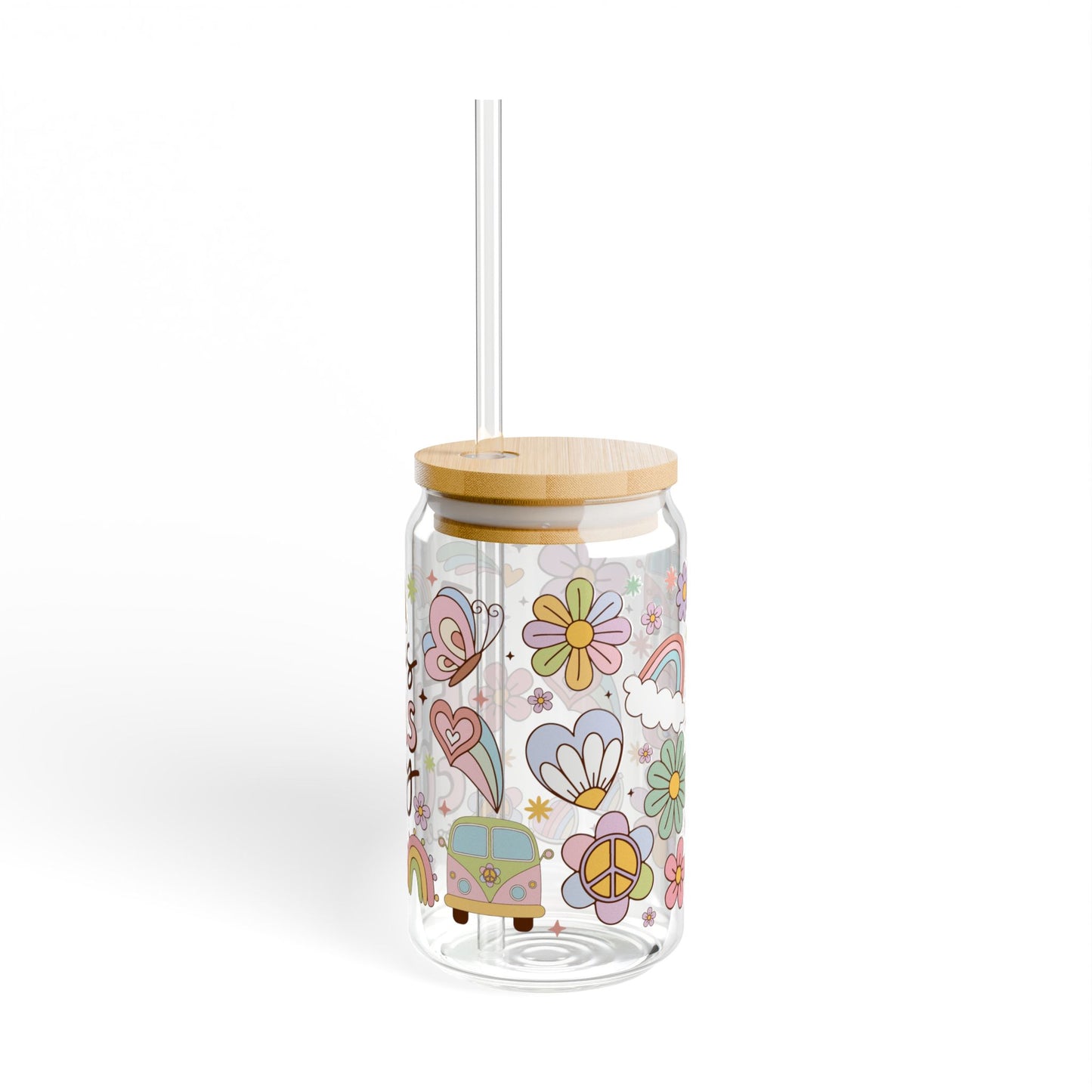 Jesus Fills My Cup 16oz Glass Sipper — Faith-Inspired Rainbow & Floral Tumbler
