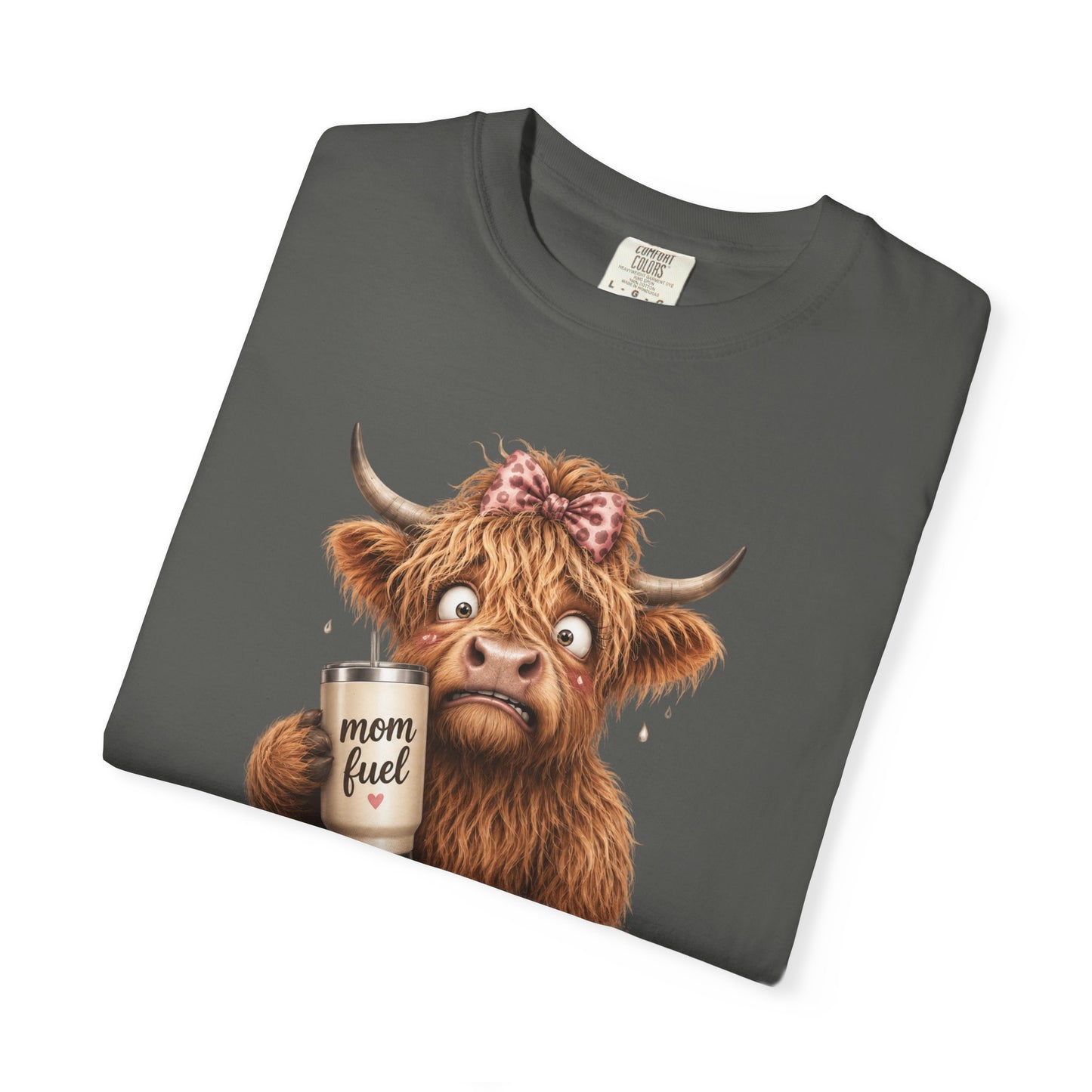 Anxiety Loading T-Shirt — Cute Highland Cow with 'Mom Fuel' Mug