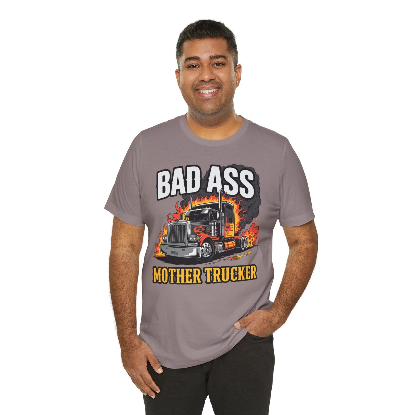 Bad Ass Mother Trucker Tee — Graphic Semi Truck Flames Shirt