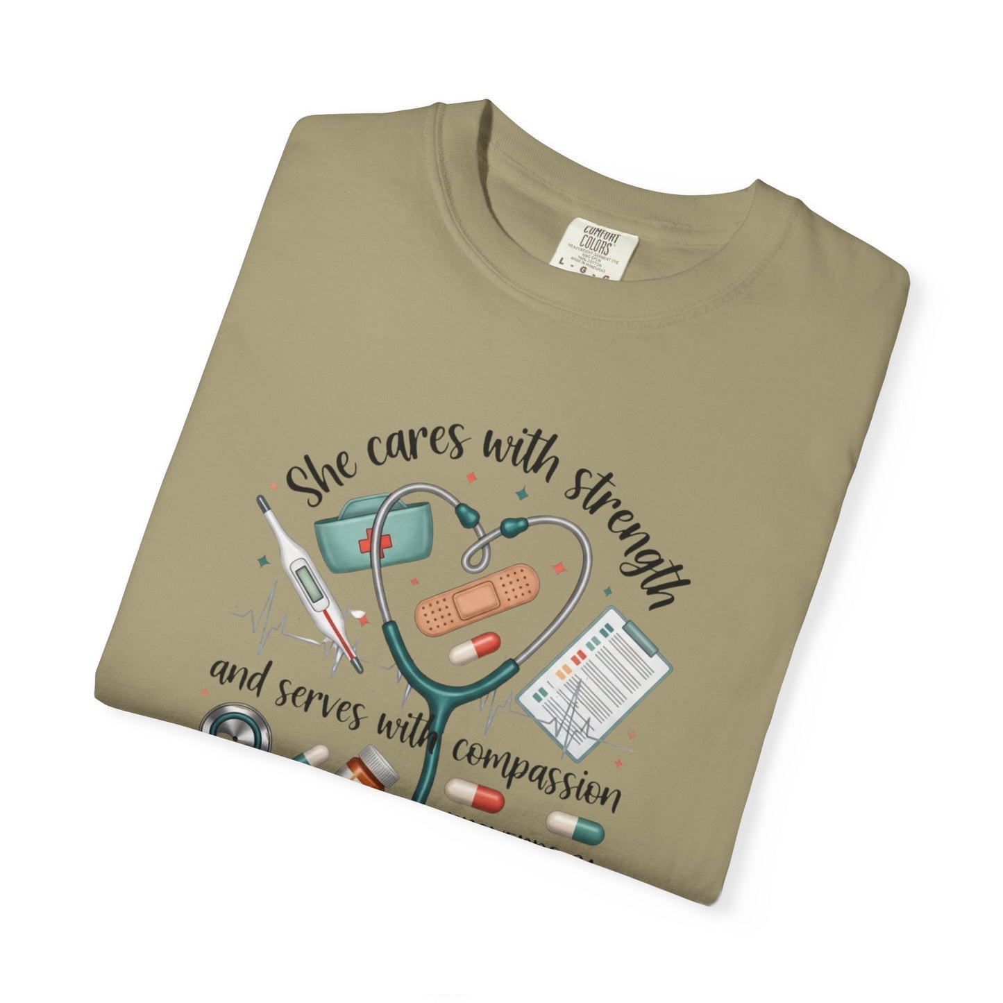 Nurse Heartbeat Graphic T-Shirt — "She Cares with Strength" Psalm 31 Christian Tee