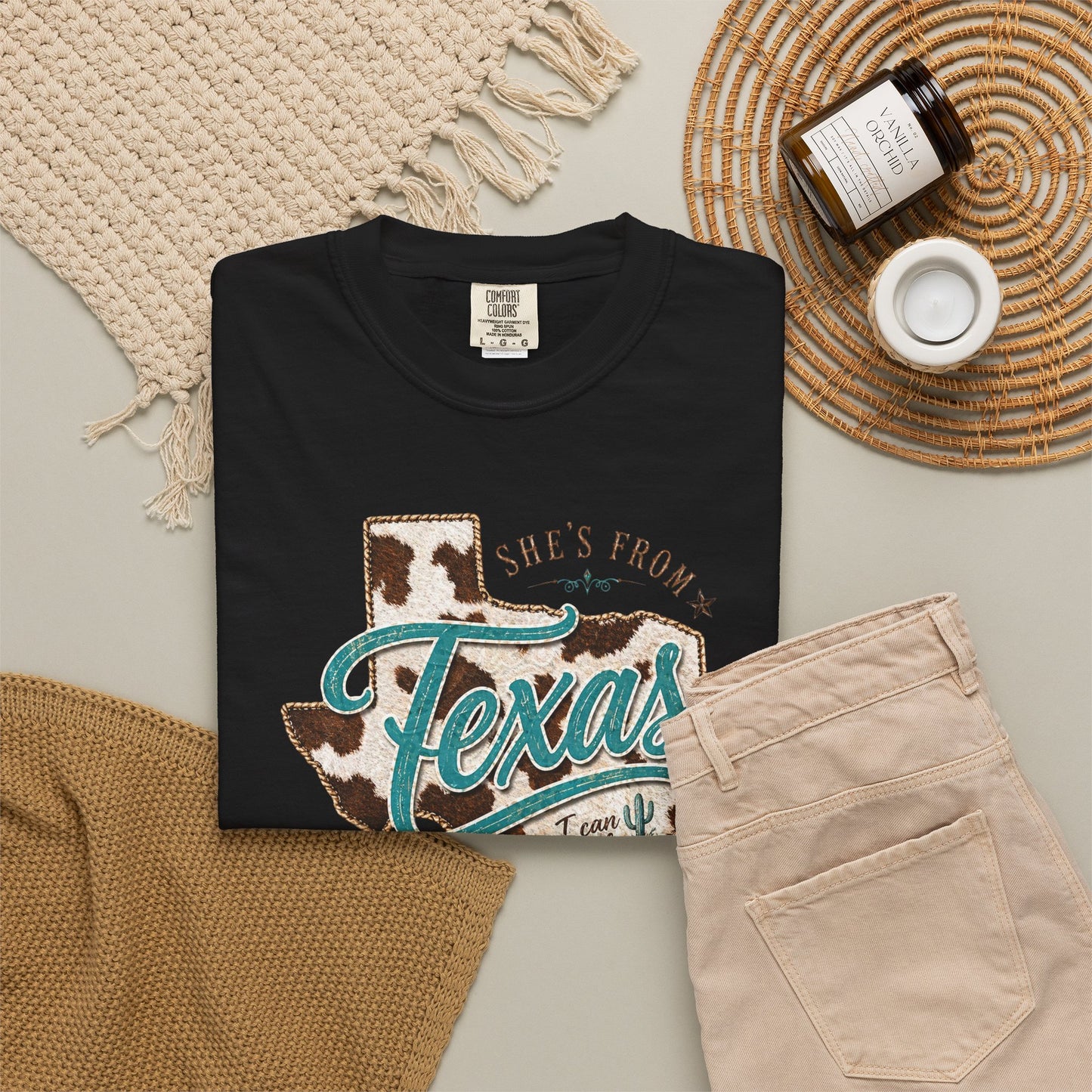 Texas Cowhide Graphic T-Shirt — "She's From Texas" Retro Western Tee