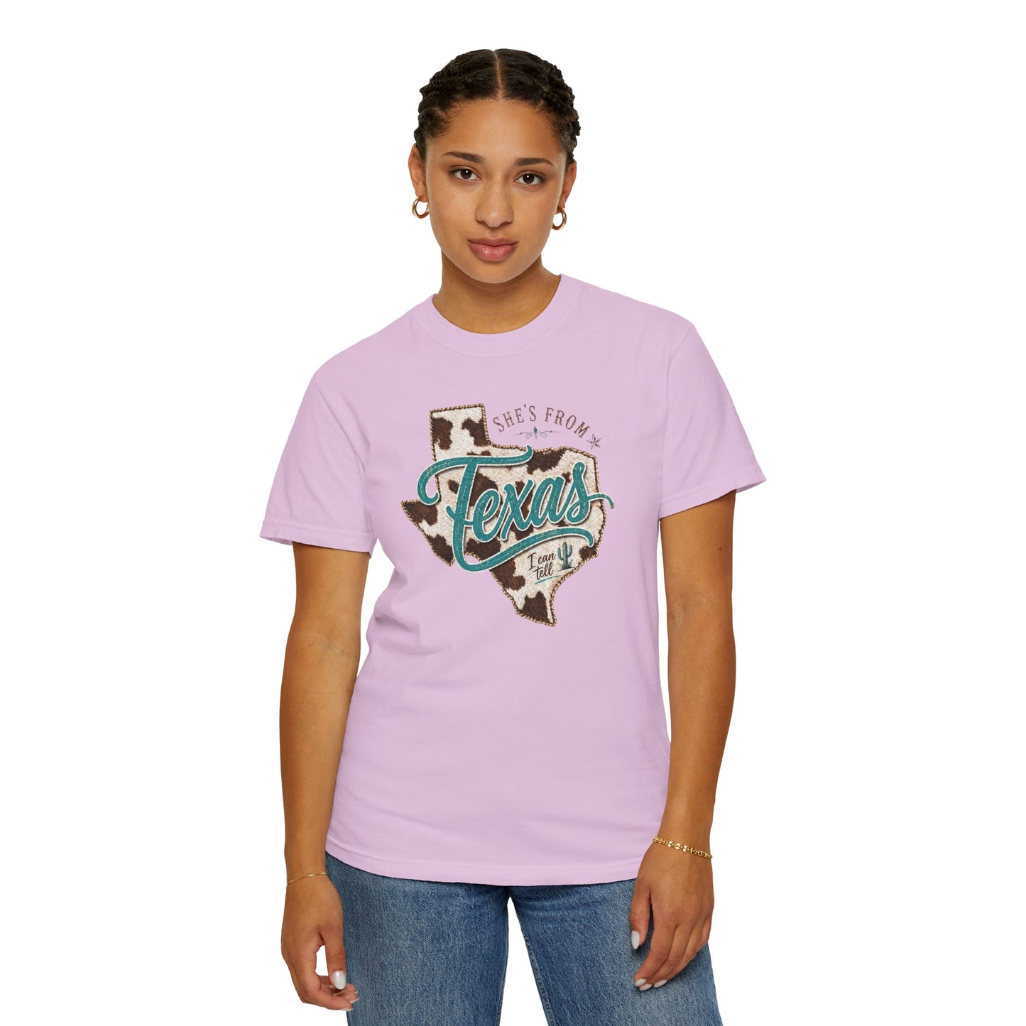 Texas Cowhide Graphic T-Shirt — "She's From Texas" Retro Western Tee