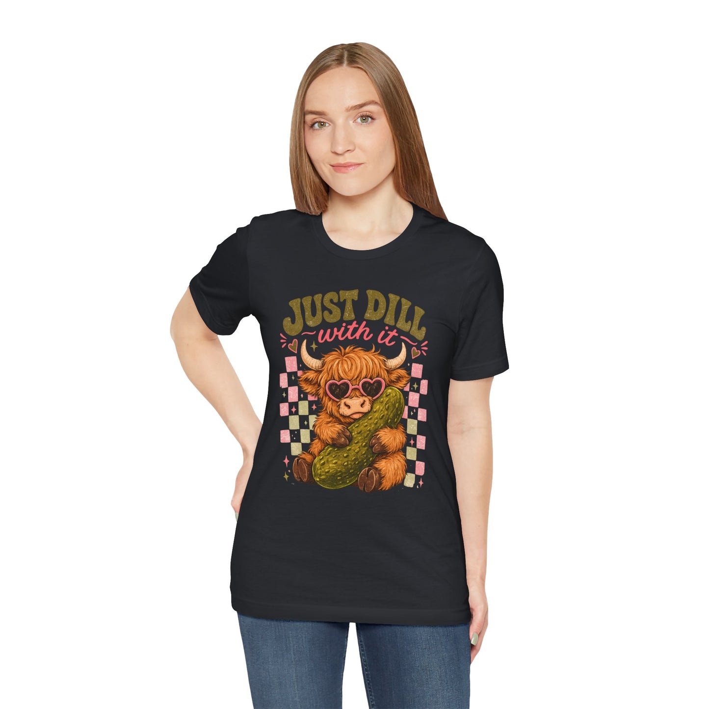Just Dill With It Tee — Cute Highland Cow Hugging Pickle Graphic T‑Shirt