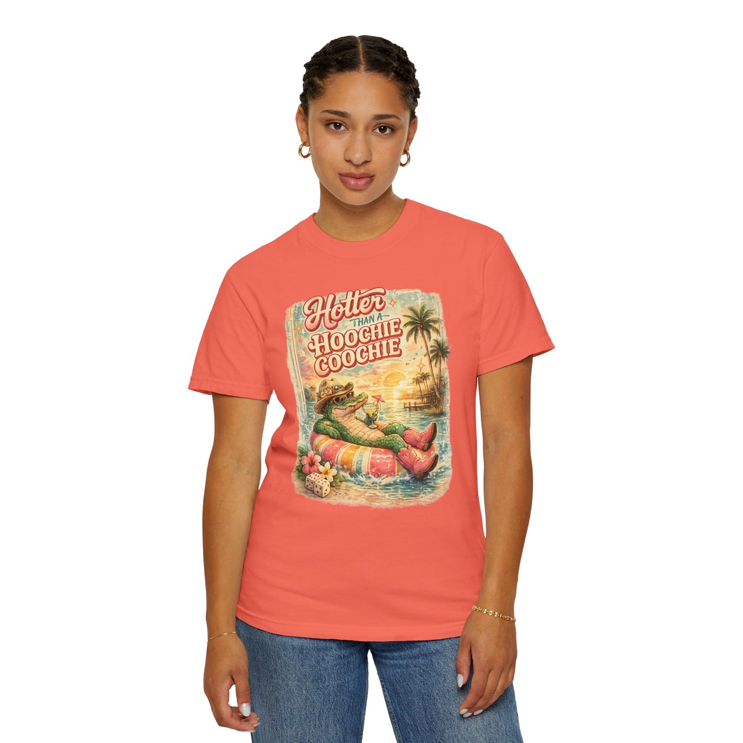 "Hotter Than a Hoochie Coochie" Retro Alligator Beach Graphic