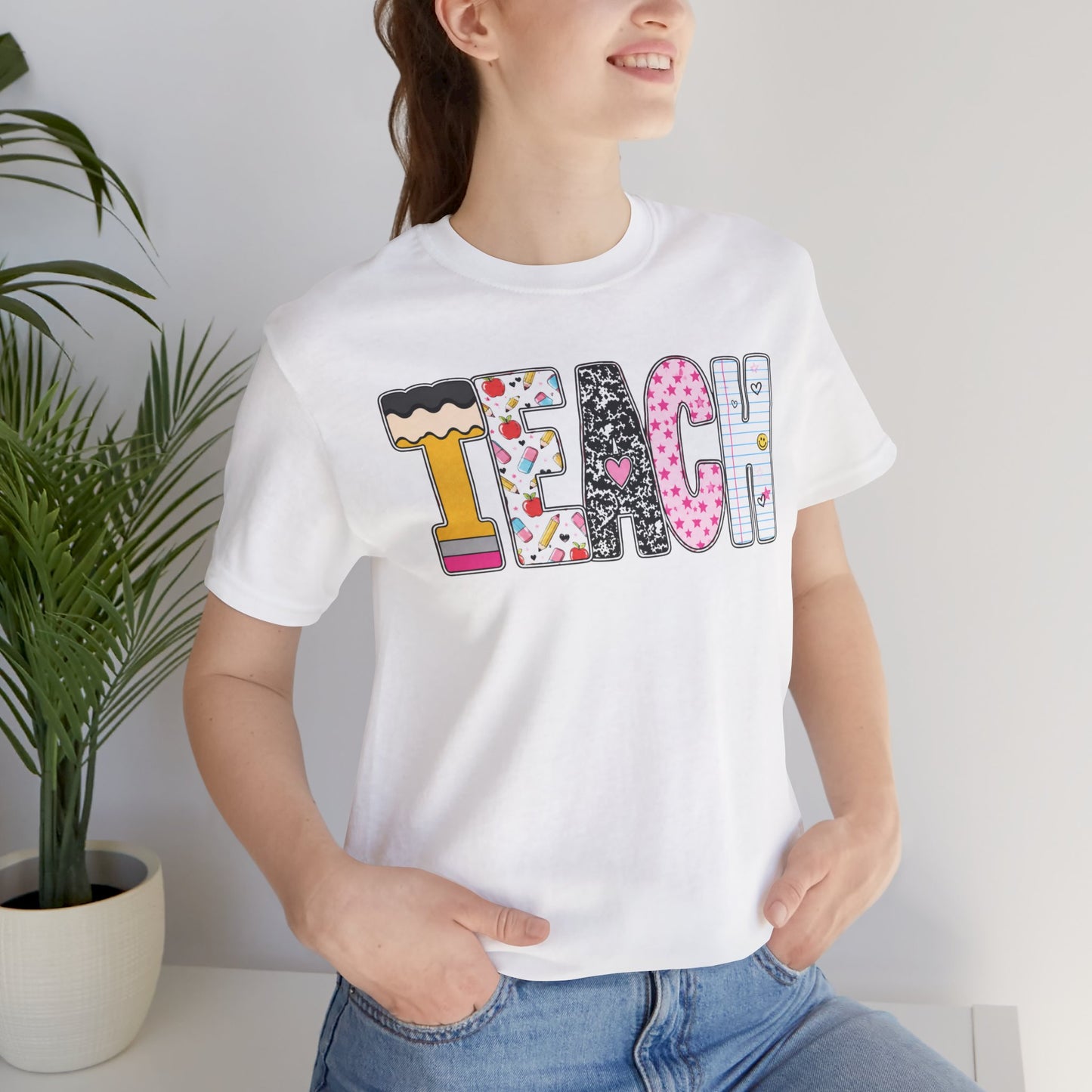 Teach Colorblock Graphic Tee – Cute Patterned Teacher T-Shirt