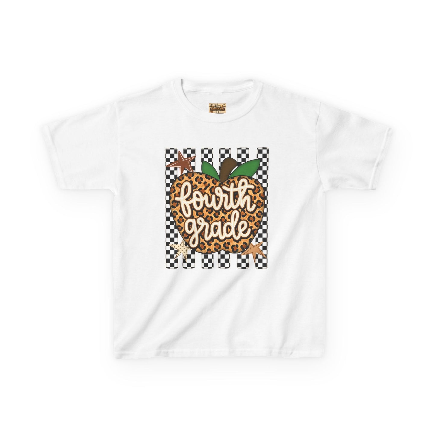 Fourth Grade Apple Kids T‑Shirt — Leopard & Checkerboard Back-to-School Tee