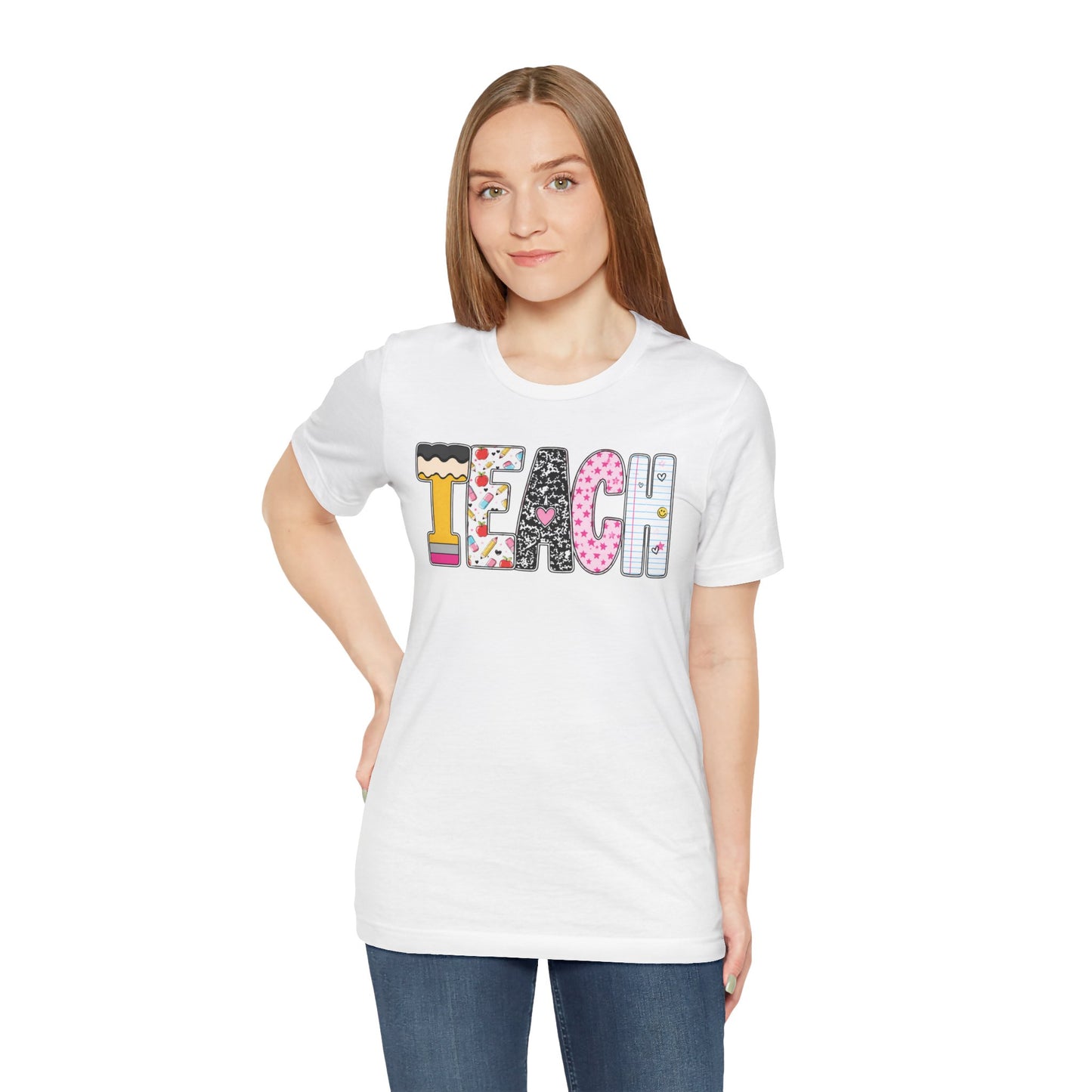 Teach Colorblock Graphic Tee – Cute Patterned Teacher T-Shirt