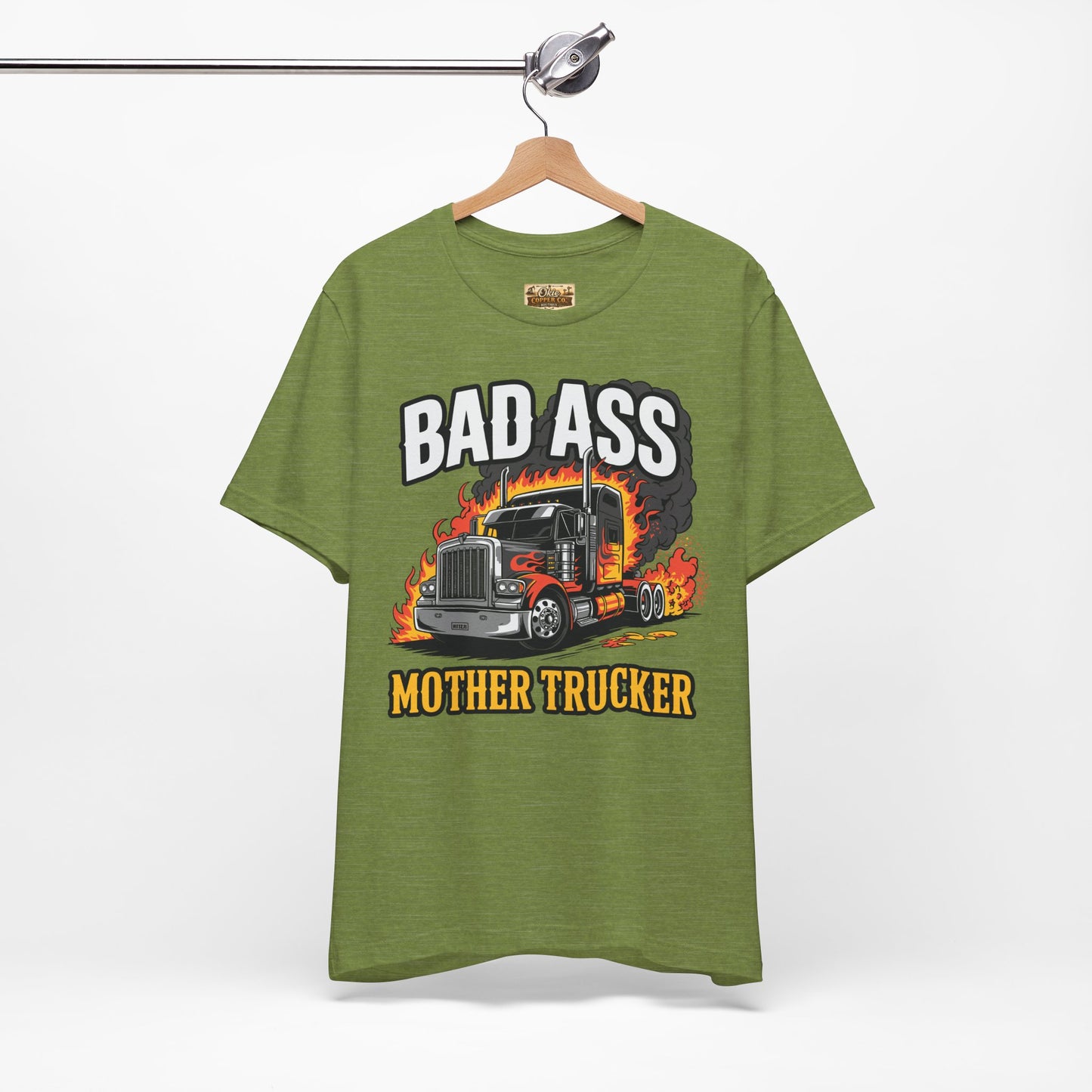 Bad Ass Mother Trucker Tee — Graphic Semi Truck Flames Shirt
