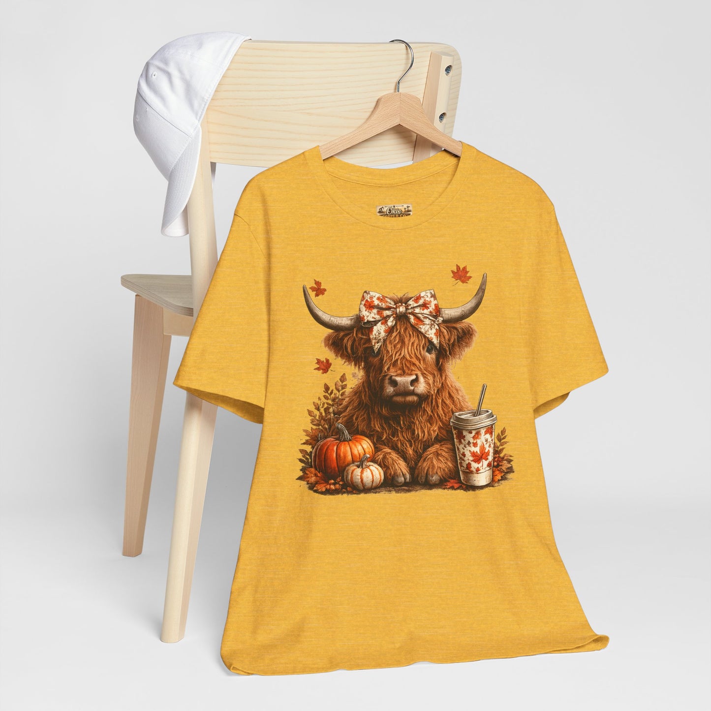 Autumn Highland Cow Tee — Fall Pumpkin Latte Graphic T-Shirt