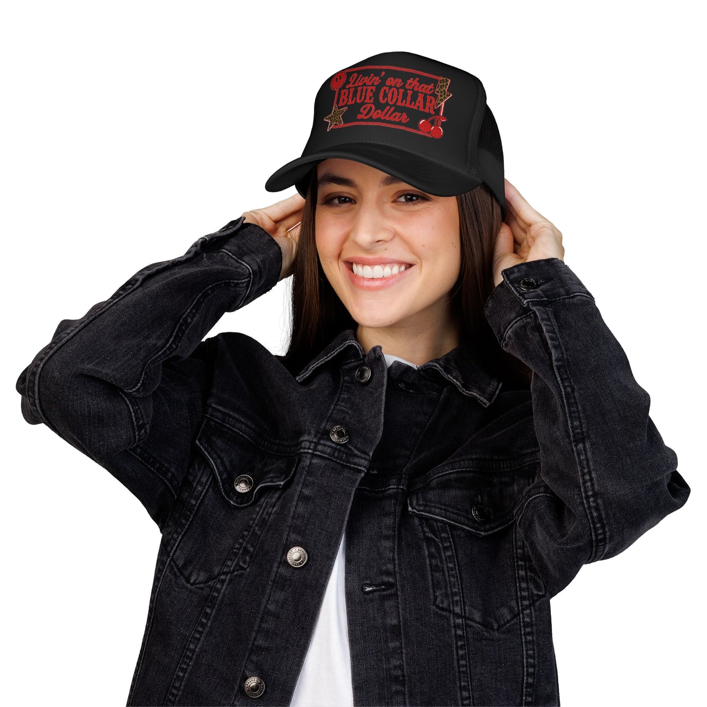 Livin' On That Blue Collar Dollar Foam Trucker Hat — Retro Workwear Cherry Patch