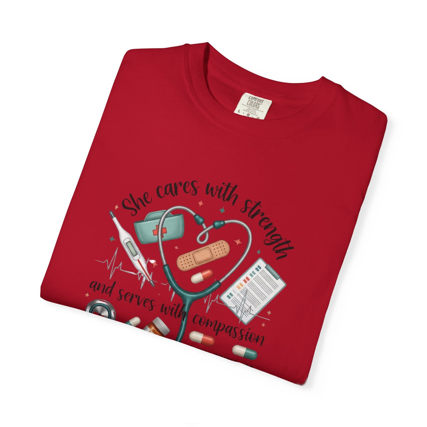 Nurse Heartbeat Graphic T-Shirt — "She Cares with Strength" Psalm 31 Christian Tee
