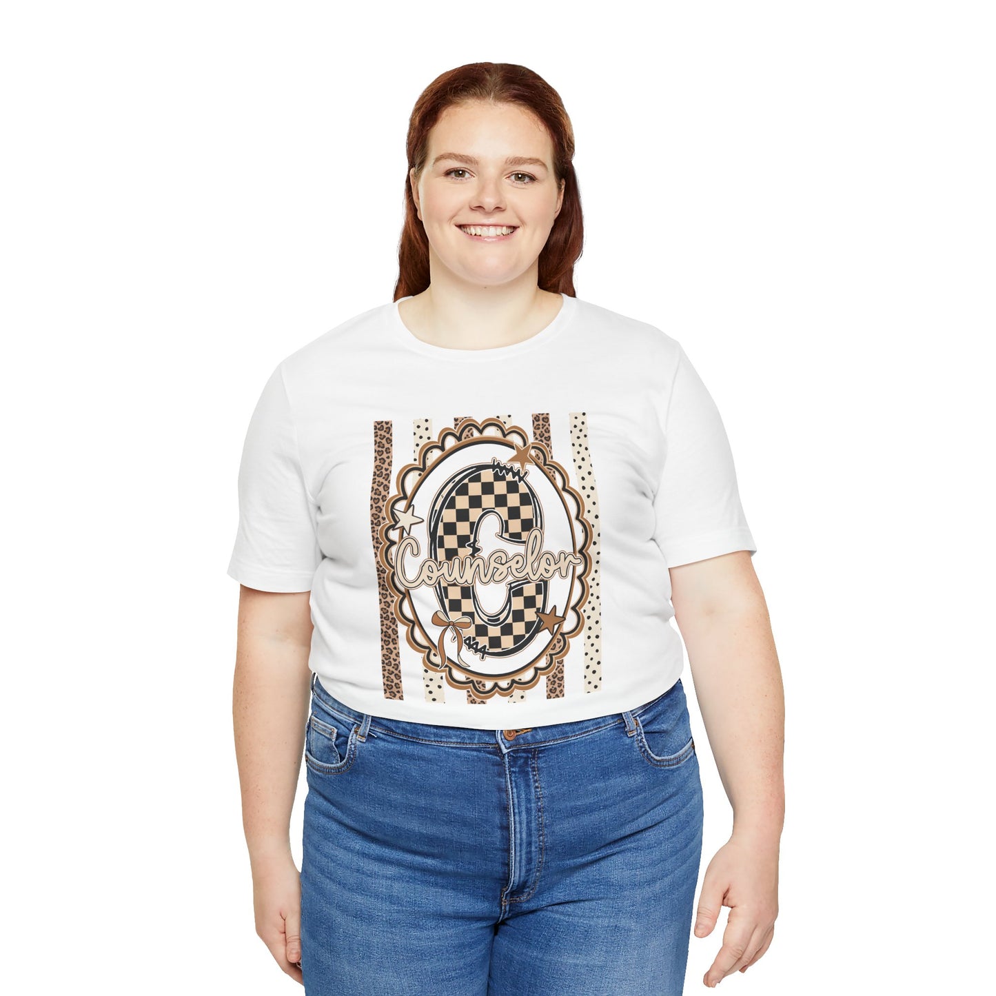 Counselor Tee — Retro Checkerboard & Leopard Print Graphic T-Shirt