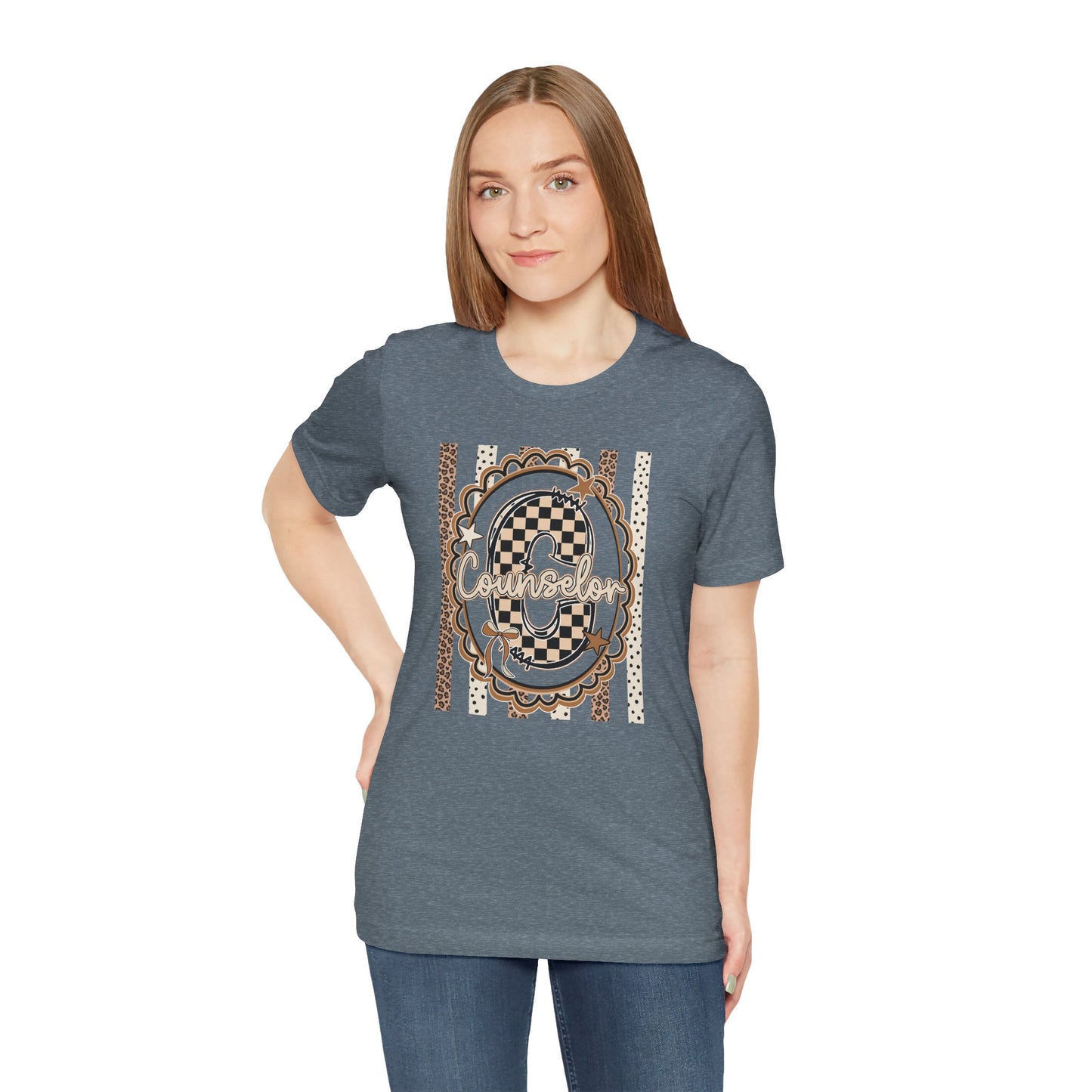 Counselor Tee — Retro Checkerboard & Leopard Print Graphic T-Shirt