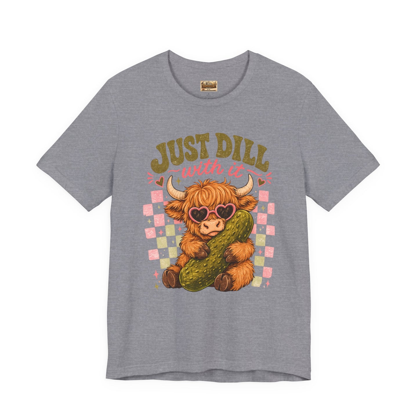 Just Dill With It Tee — Cute Highland Cow Hugging Pickle Graphic T‑Shirt