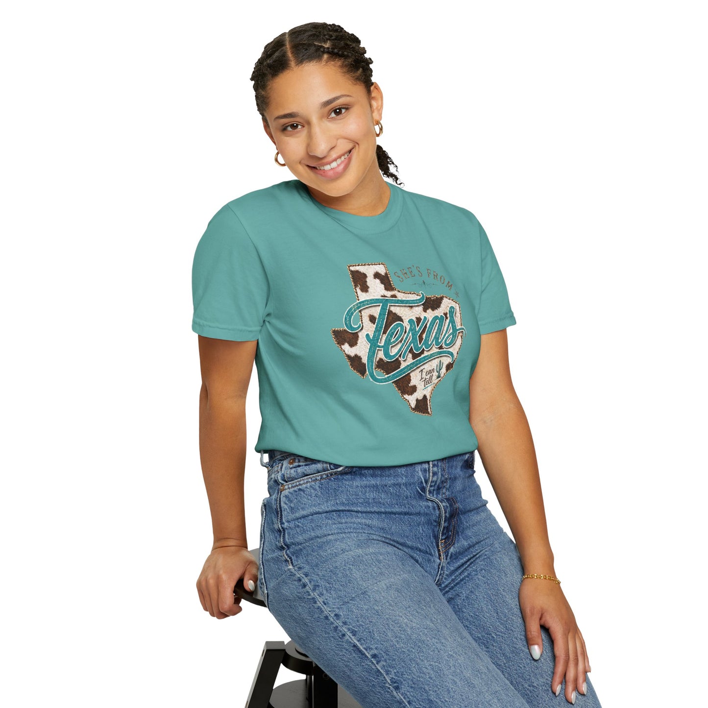 Texas Cowhide Graphic T-Shirt — "She's From Texas" Retro Western Tee