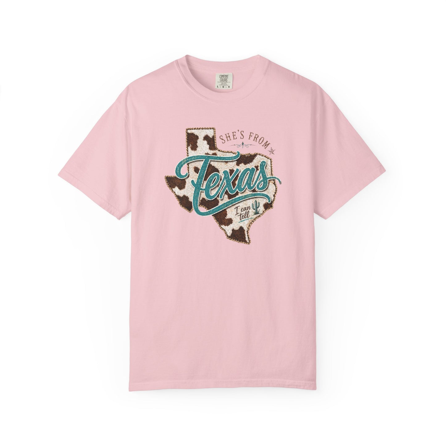 Texas Cowhide Graphic T-Shirt — "She's From Texas" Retro Western Tee