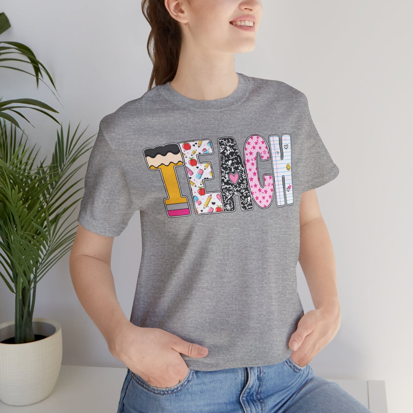 Teach Colorblock Graphic Tee – Cute Patterned Teacher T-Shirt
