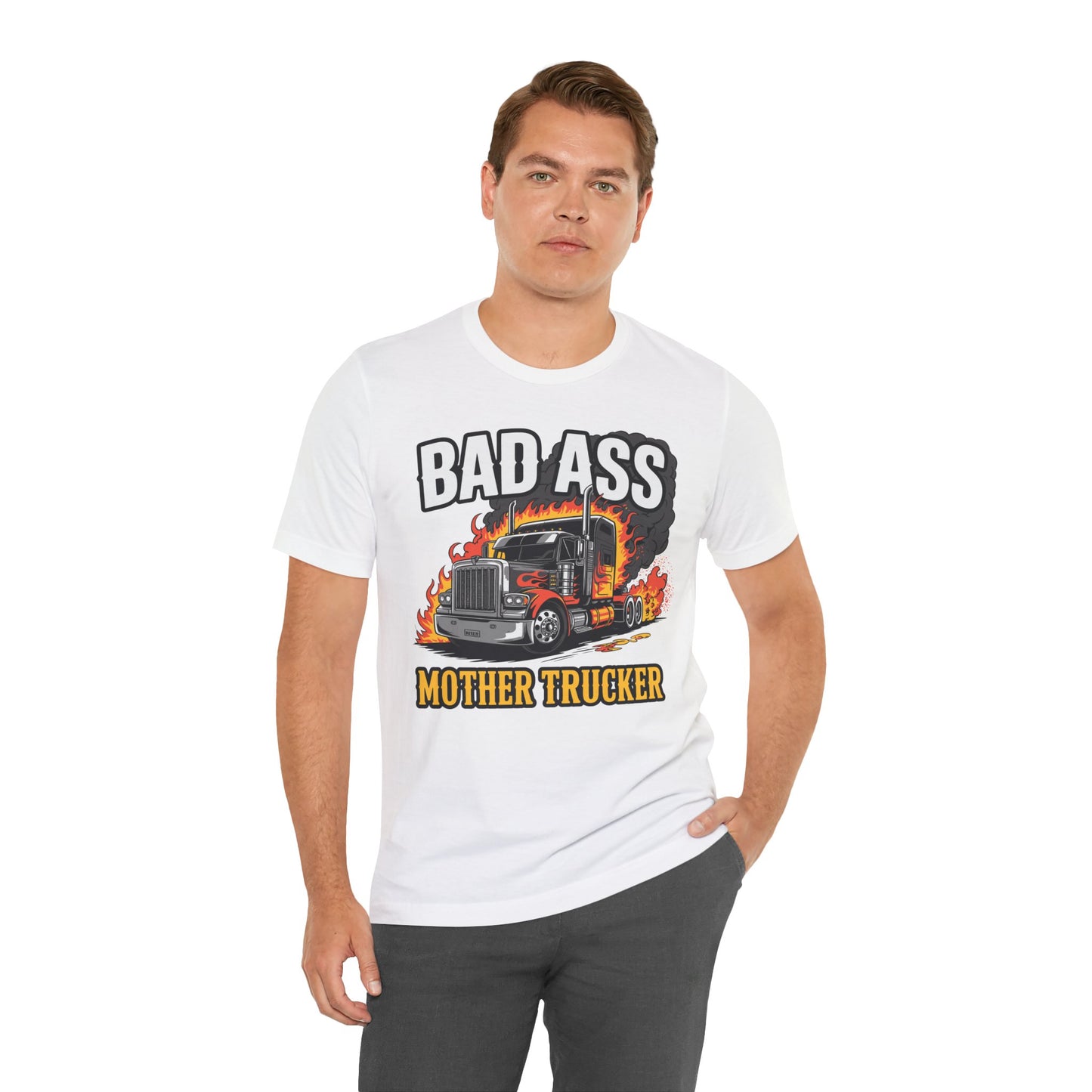 Bad Ass Mother Trucker Tee — Graphic Semi Truck Flames Shirt