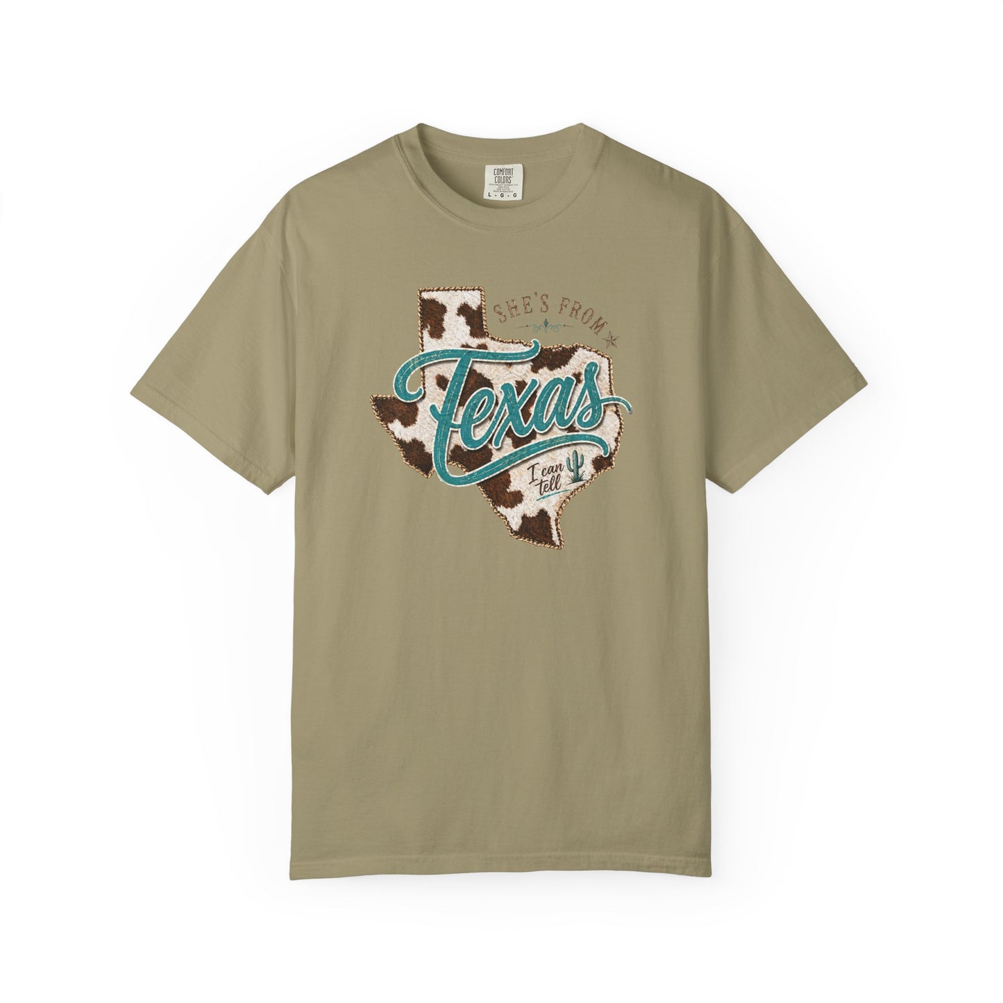 Texas Cowhide Graphic T-Shirt — "She's From Texas" Retro Western Tee