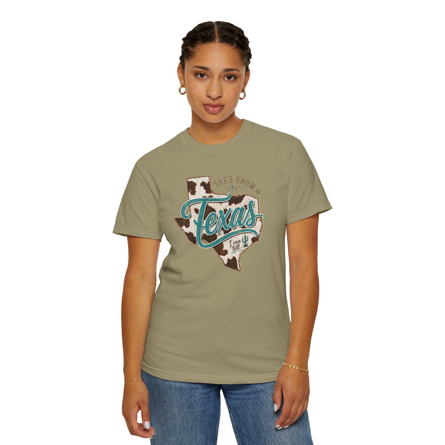 Texas Cowhide Graphic T-Shirt — "She's From Texas" Retro Western Tee