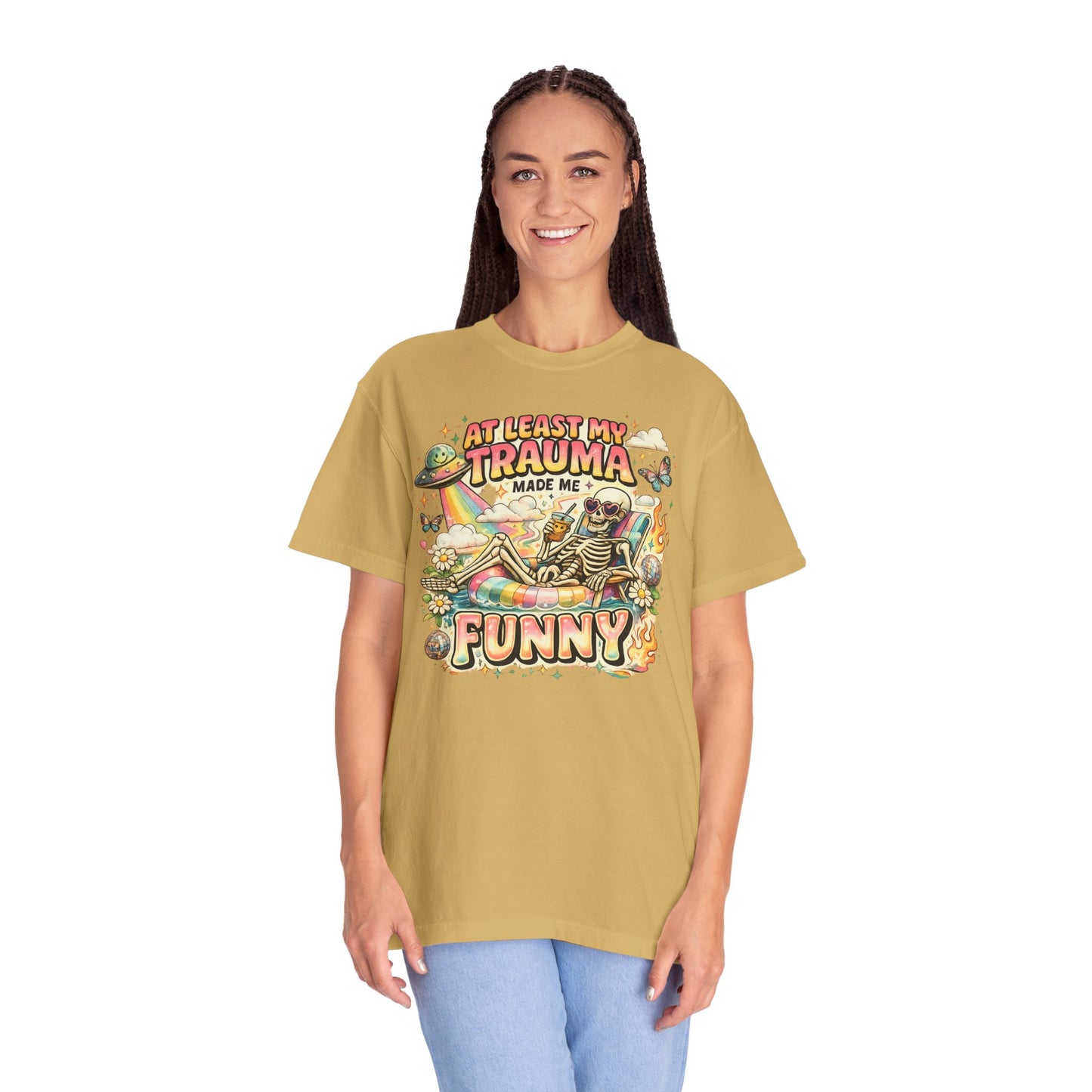 Funny Skeleton Graphic T-Shirt — "At Least My Trauma Made Me Funny"