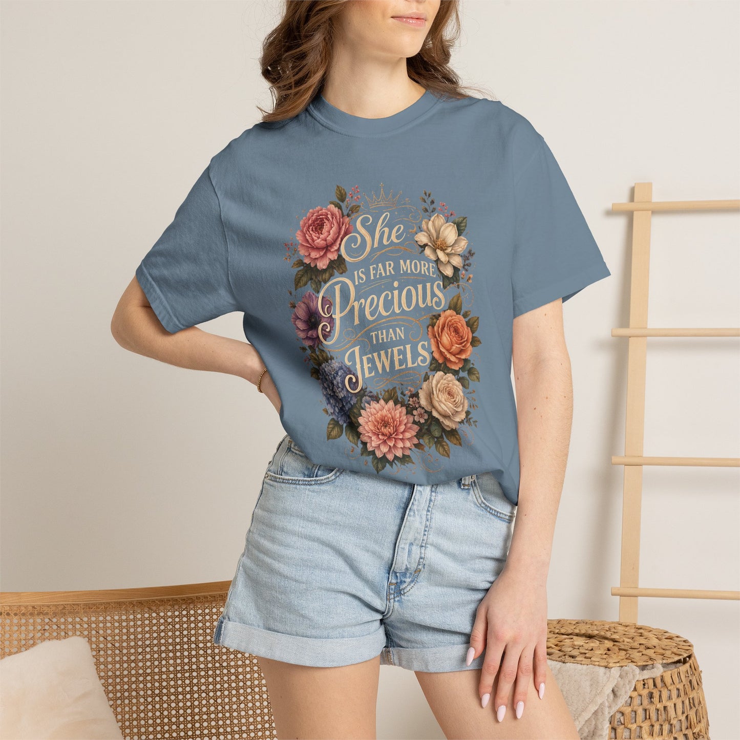 T-Shirt — “She Is Far More Precious Than Jewels” Floral Inspirational Tee