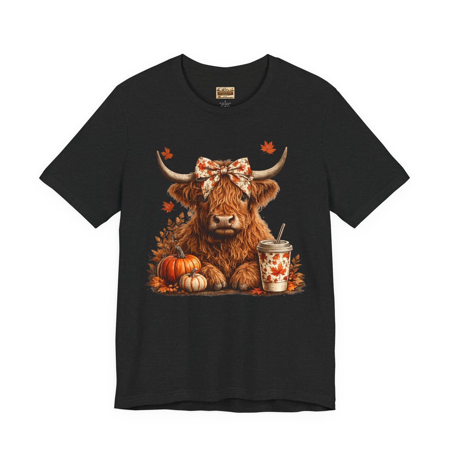 Autumn Highland Cow Tee — Fall Pumpkin Latte Graphic T-Shirt