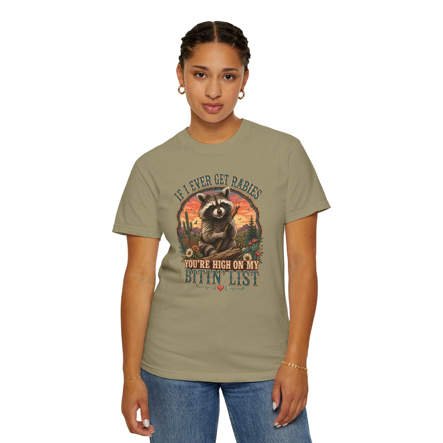 Raccoon Sunset T‑Shirt — “If I Ever Get Riches You’re High On My Bitin’ List” Funny Retro Graphic Tee